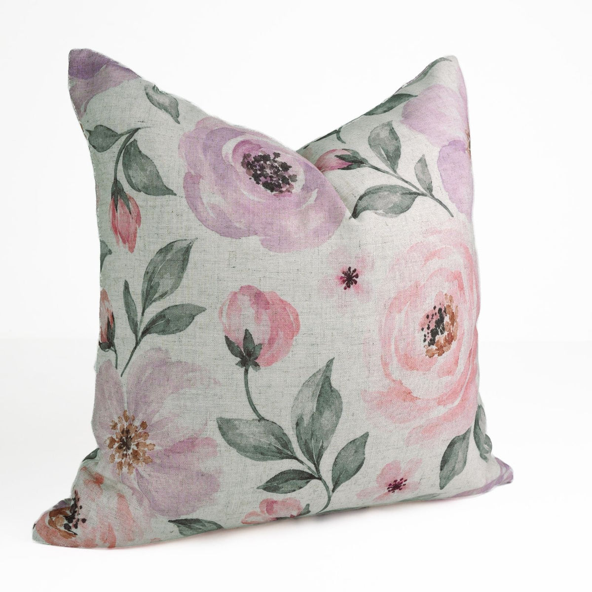 Pink Rose Floral Printed Natural Cream Linen Pillow Cover