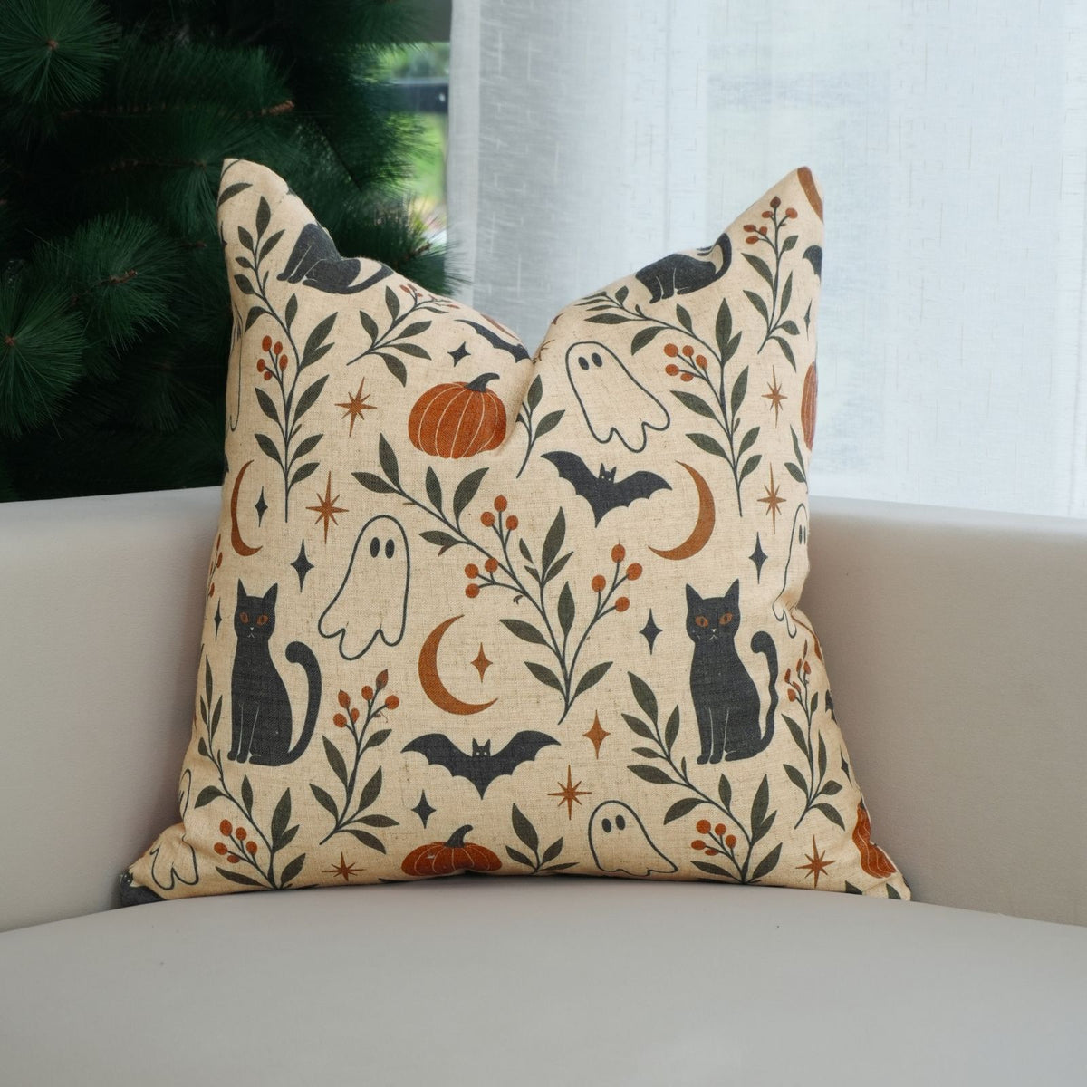 Halloween Black Cat Ghosts Viscose Linen Cushion Cover - Spooky