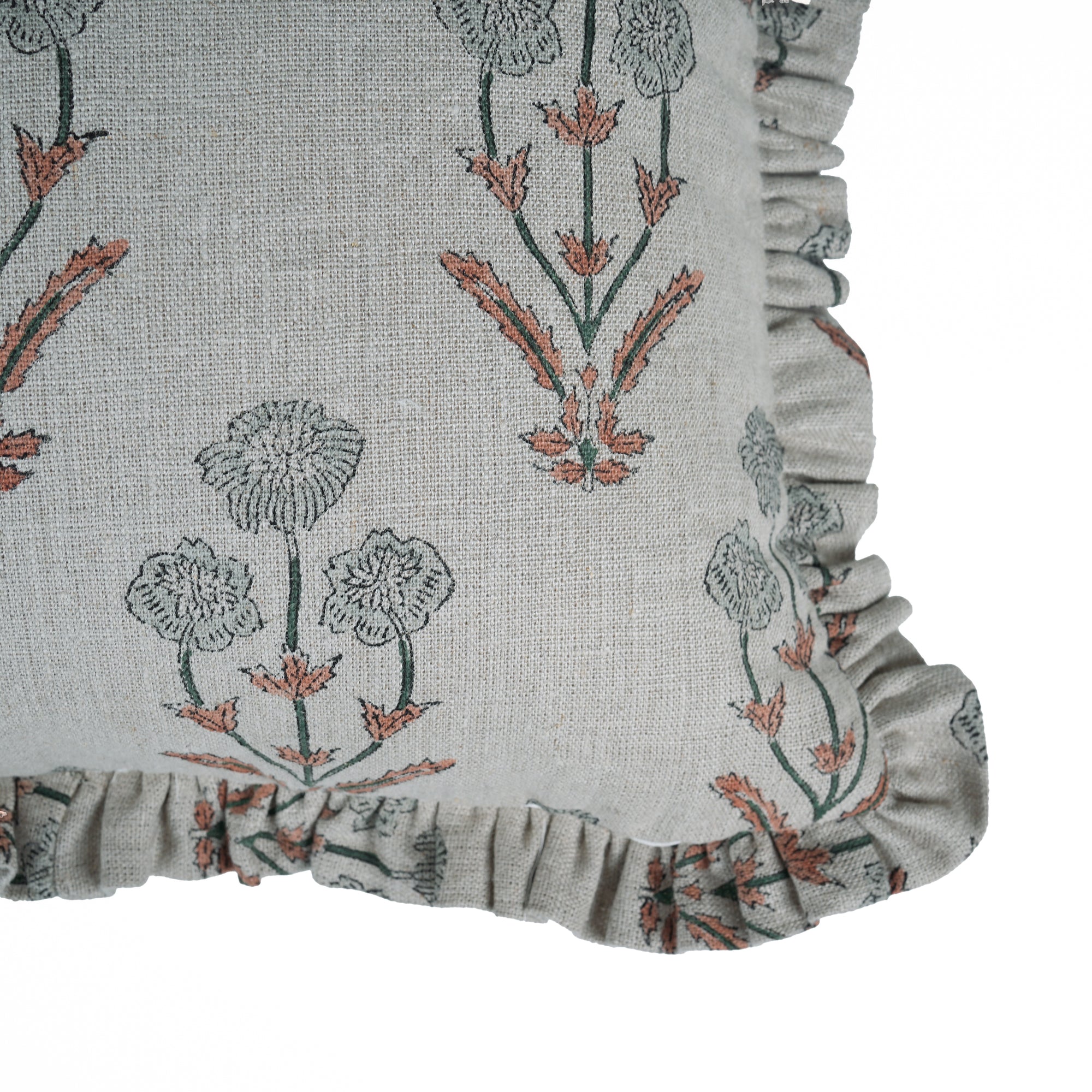 Amitabh Block Print Linen Ruffled Frill Cushion Cover