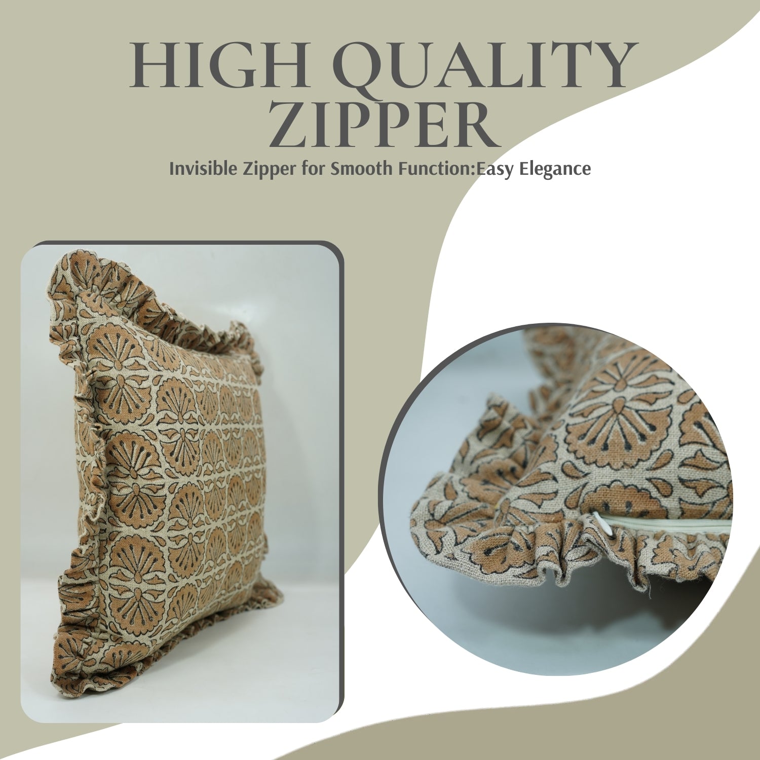 Block Printed Thick Linen Frill Pillow Cover - Bejhni