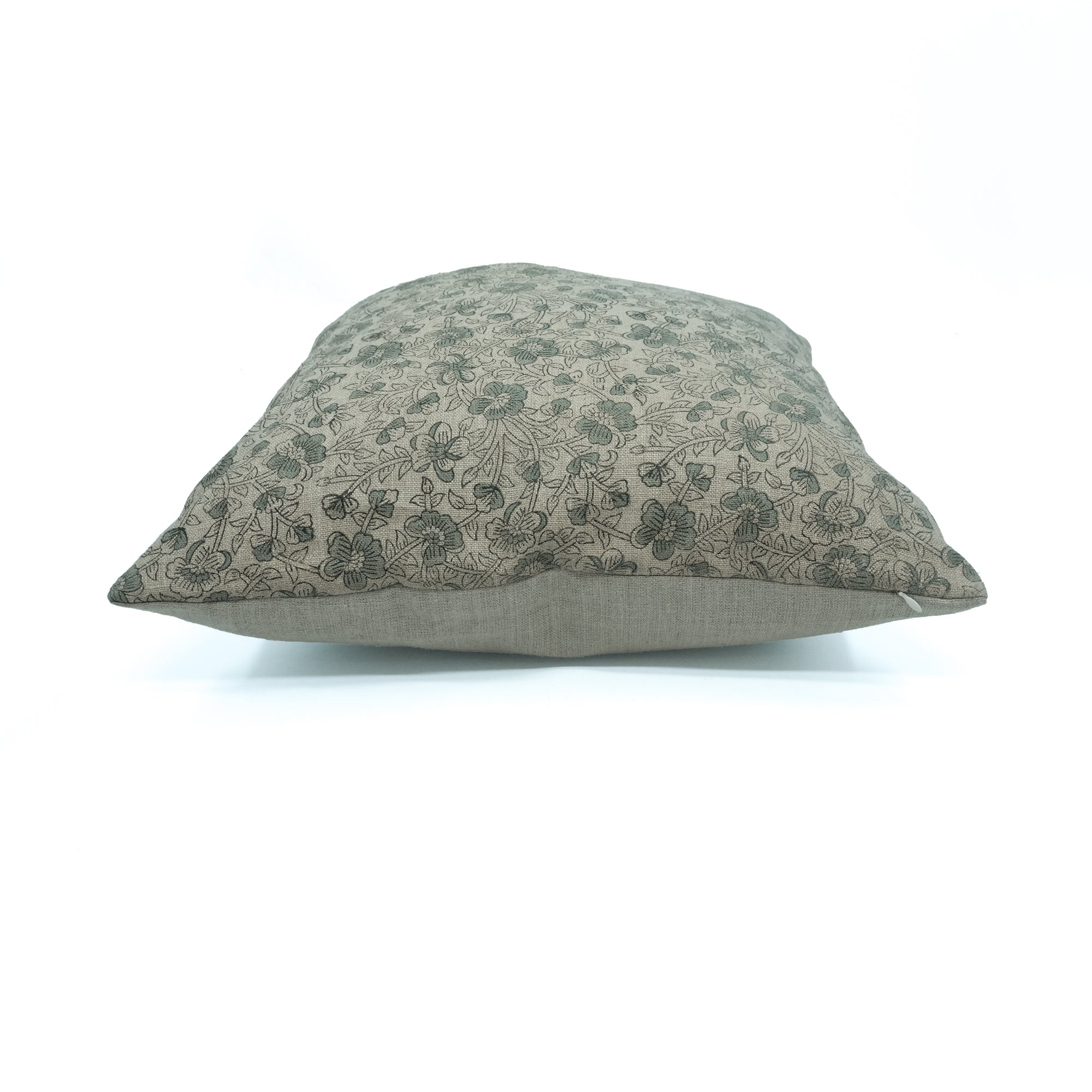 Handmade Saundrya Printed Gray Floral Linen Cushion Cover