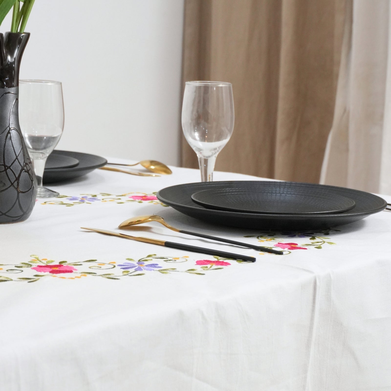 Blue Floral Embroidered 100% Thick Cotton Table Cover