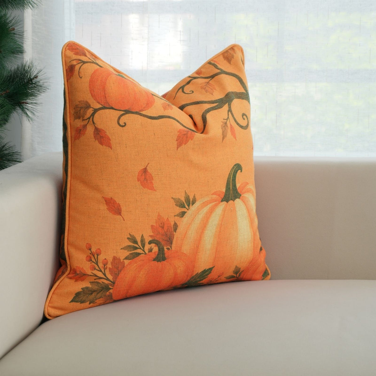 Orange Halloween Pumpkin Linen Piping Cushion Cover