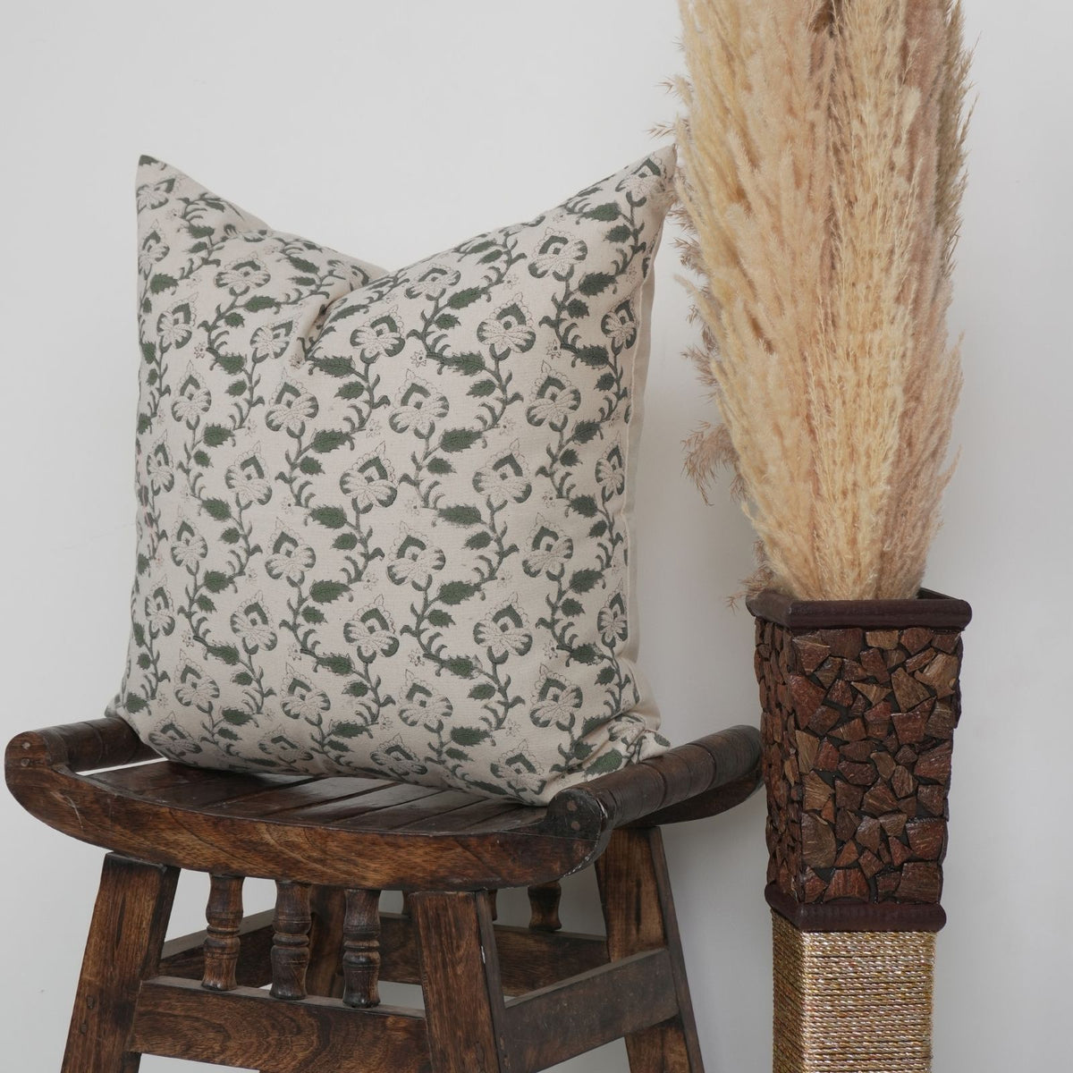 Sage Green Floral Block Print Pillow Cover - Madhubala