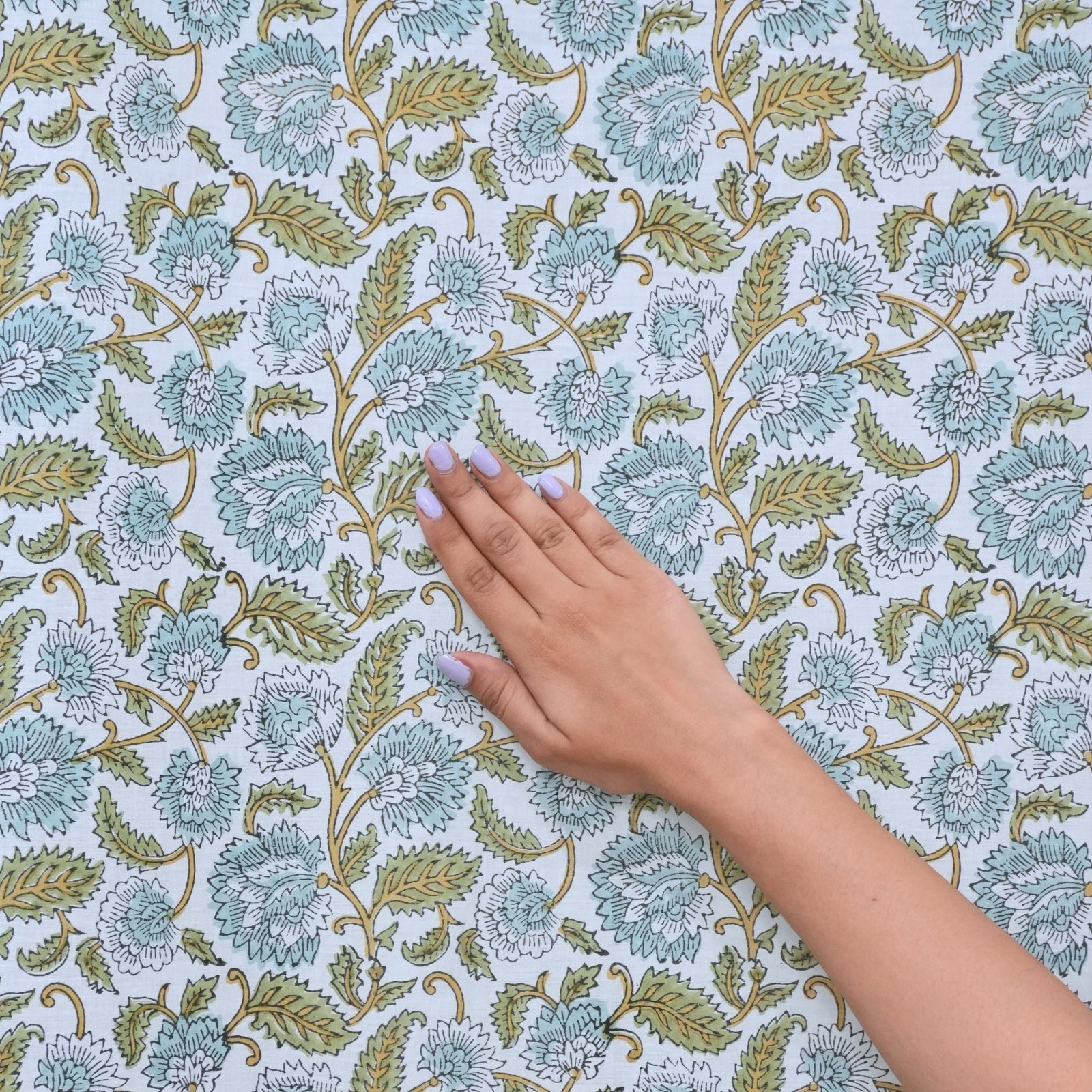 Hand Printed Blue Floral Pure Cotton Boho Curtain - Mandakani