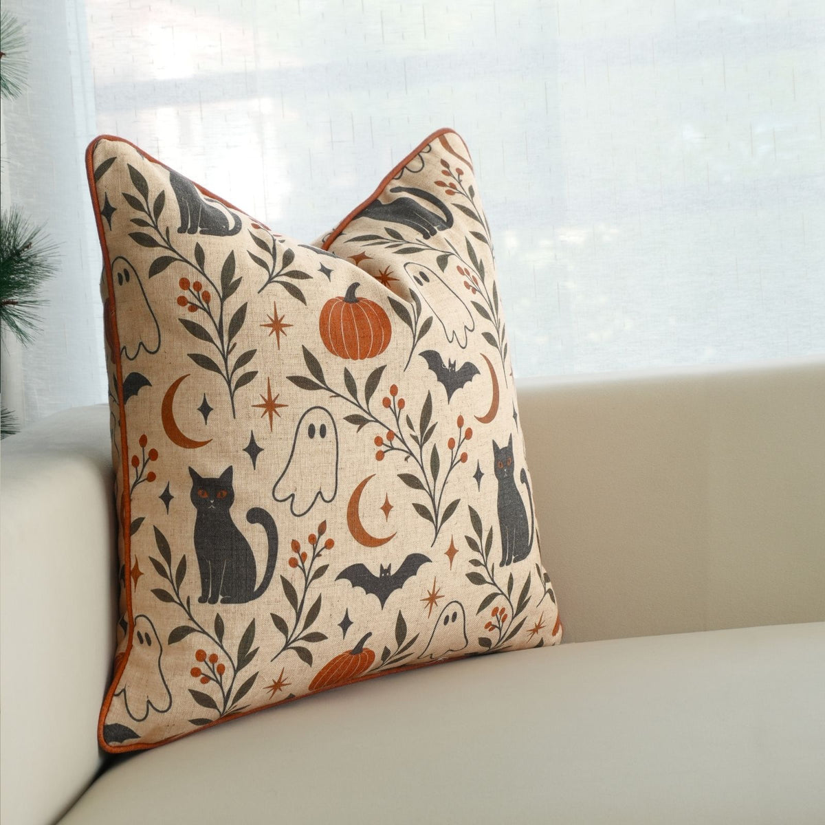 Spooky Cats &amp; Ghosts Halloween Piping Linen Throw Cushion