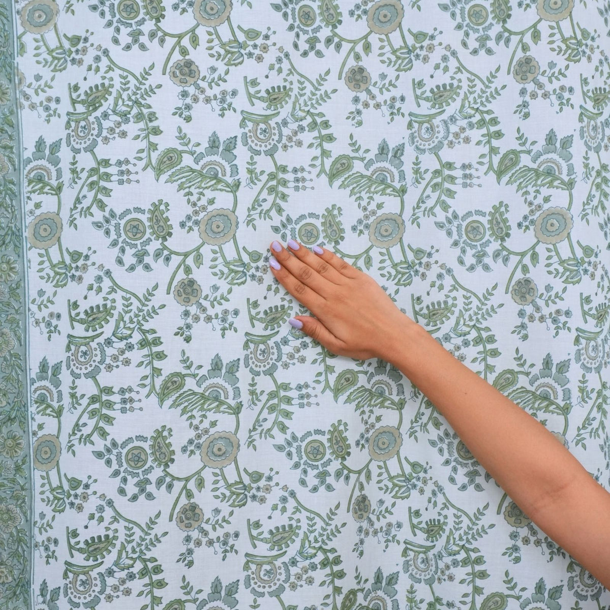 Block Print Arpan Sage Green Floral Cotton Curtain