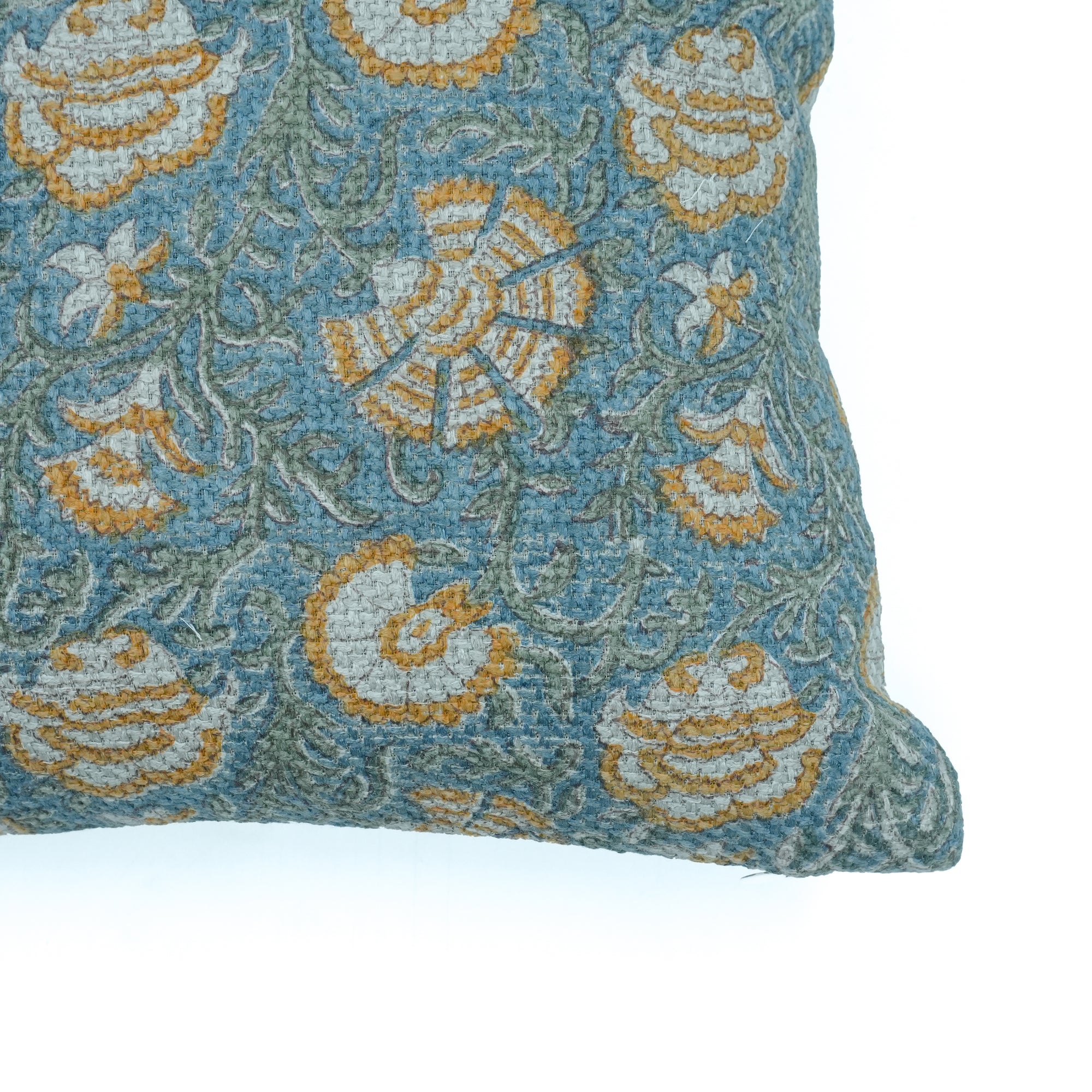 Vasundhra Hand Block Print Jute Linen Cushion Cover Blue Floral