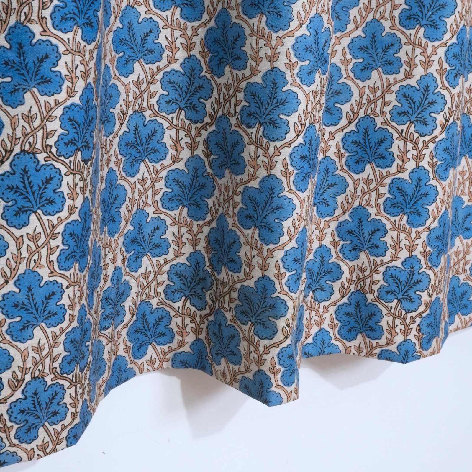 Cornflower Blue Leaf Vine Hand Block Print Linen Tab Top Drapes - Pushpsamhita