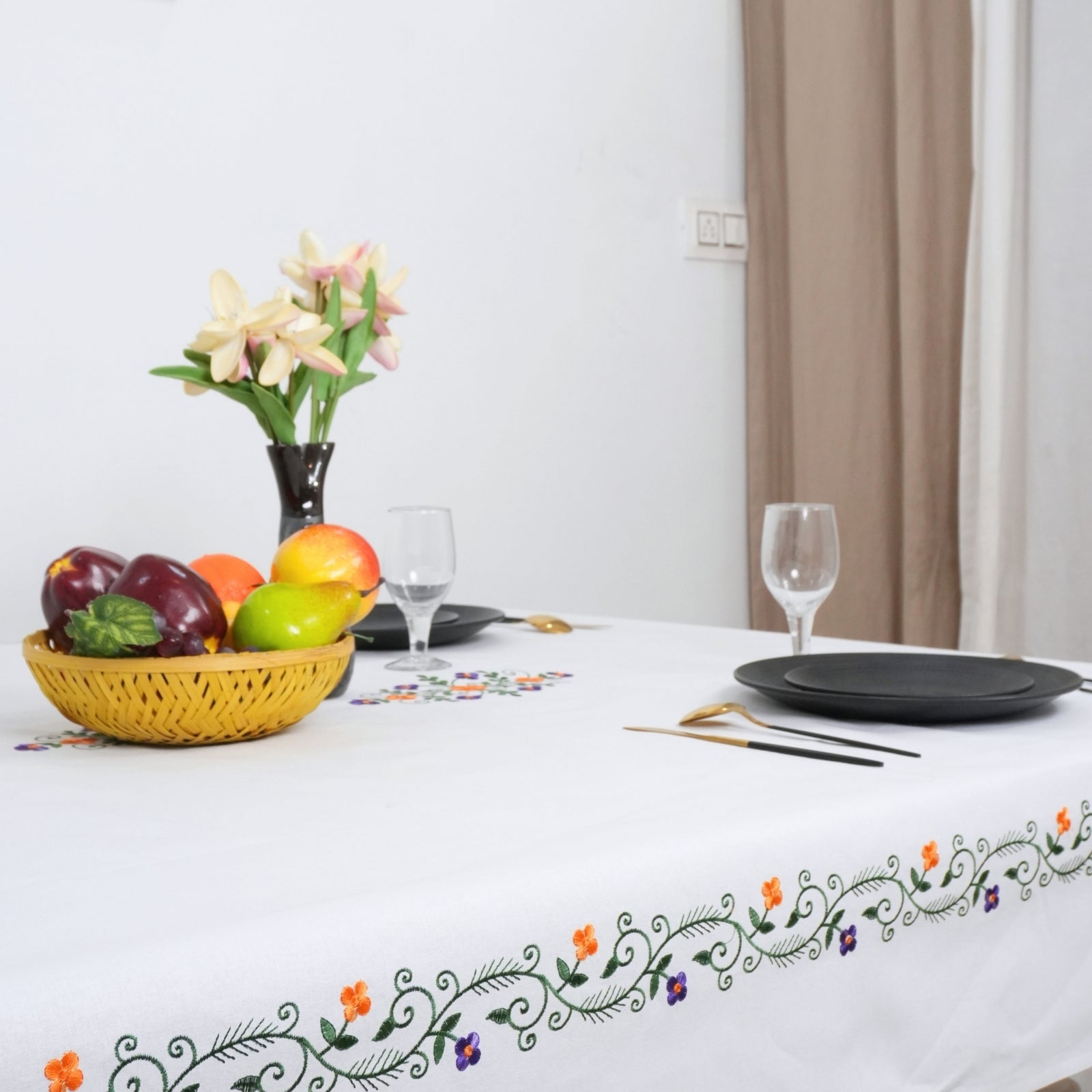 Red Green Floral Boho Embroidered Cotton Table Cover | Farmhouse