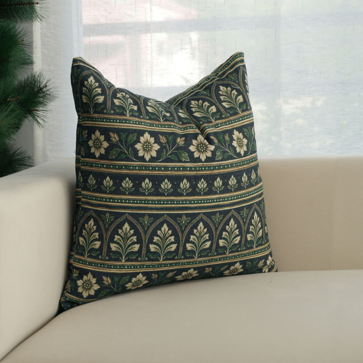 Floral Printed Deep Navy Viscose Linen Boho Cushion Cover 
