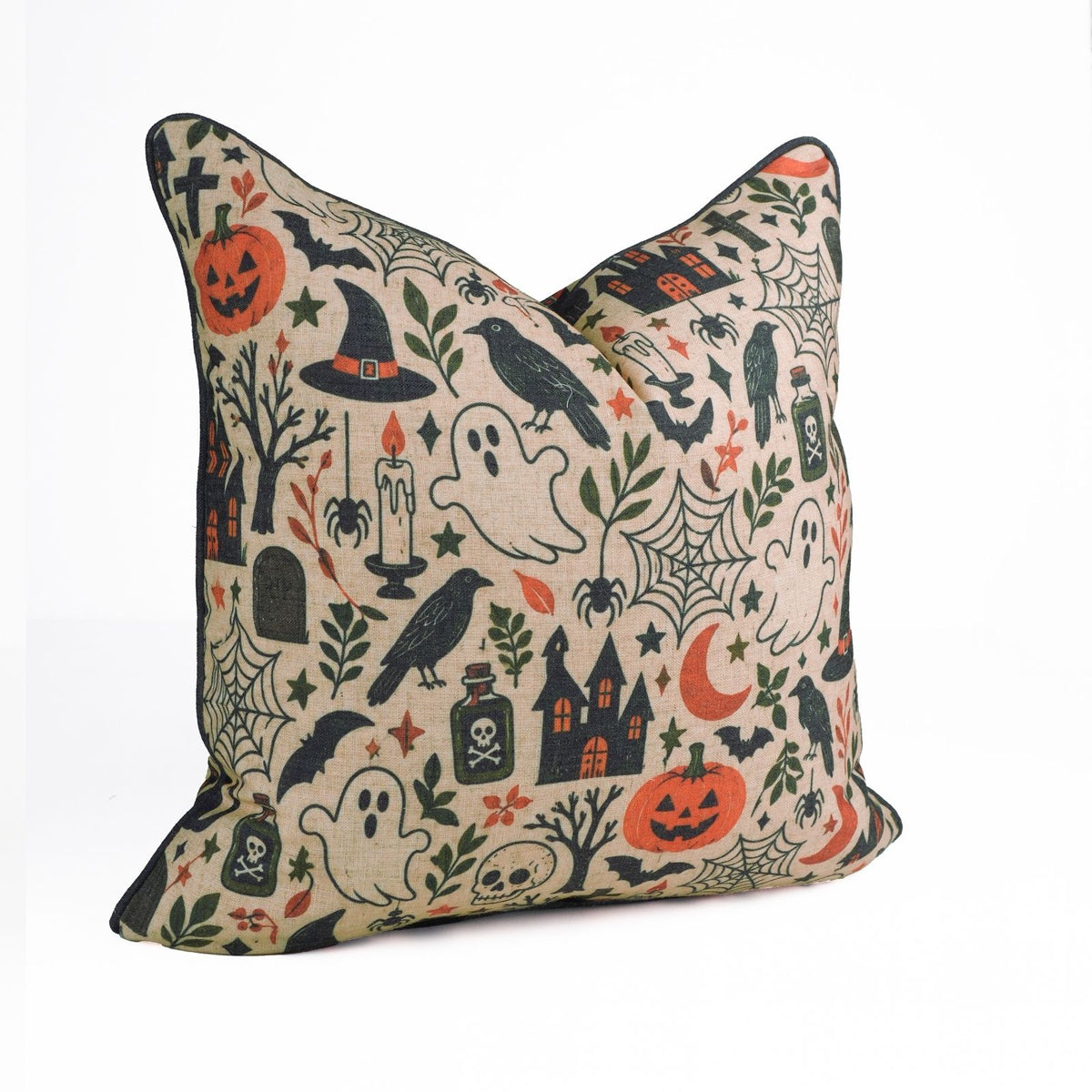 Halloween Printed Beige Linen Piping Pillow Cover - BooMix