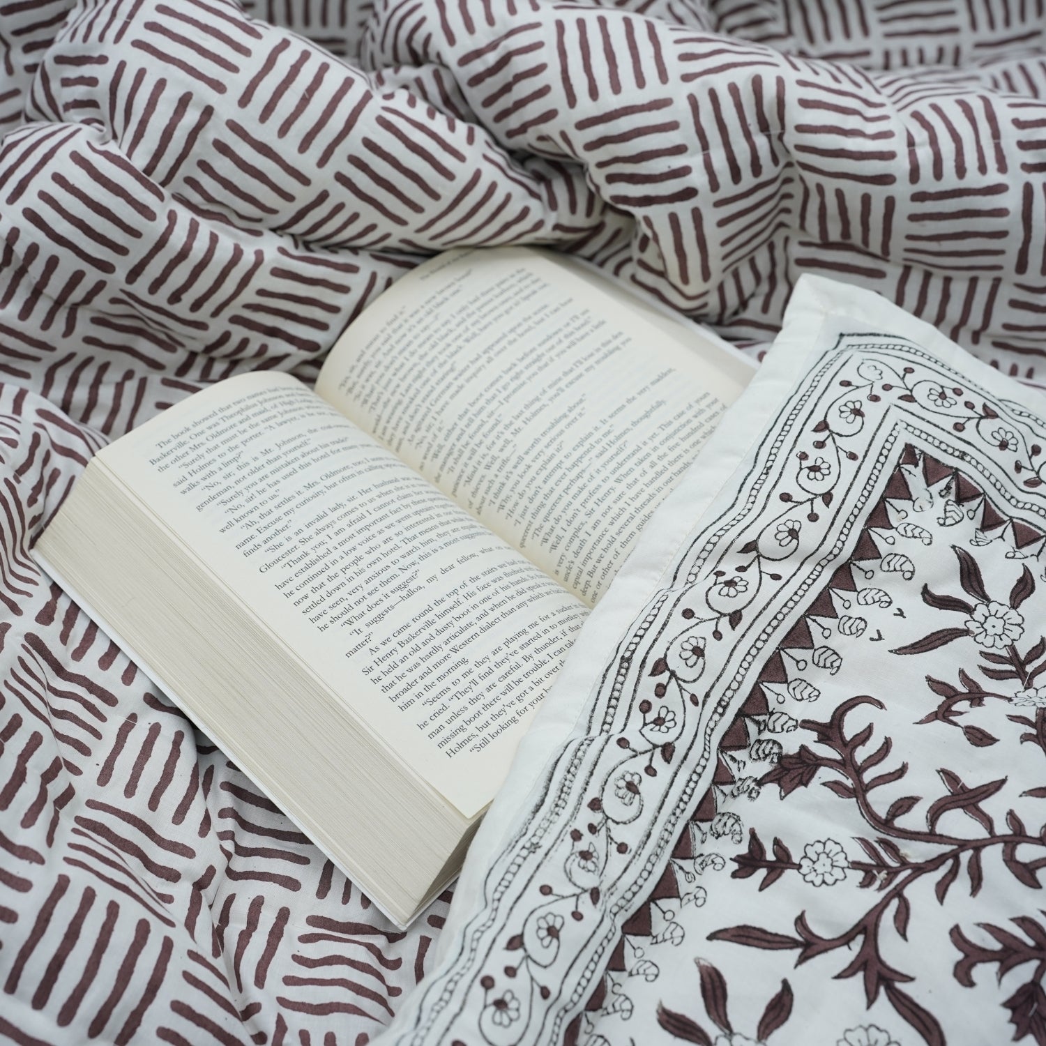 Block Print Brown Cotton Quilt Reversible &amp; Lightweight - Shejan
