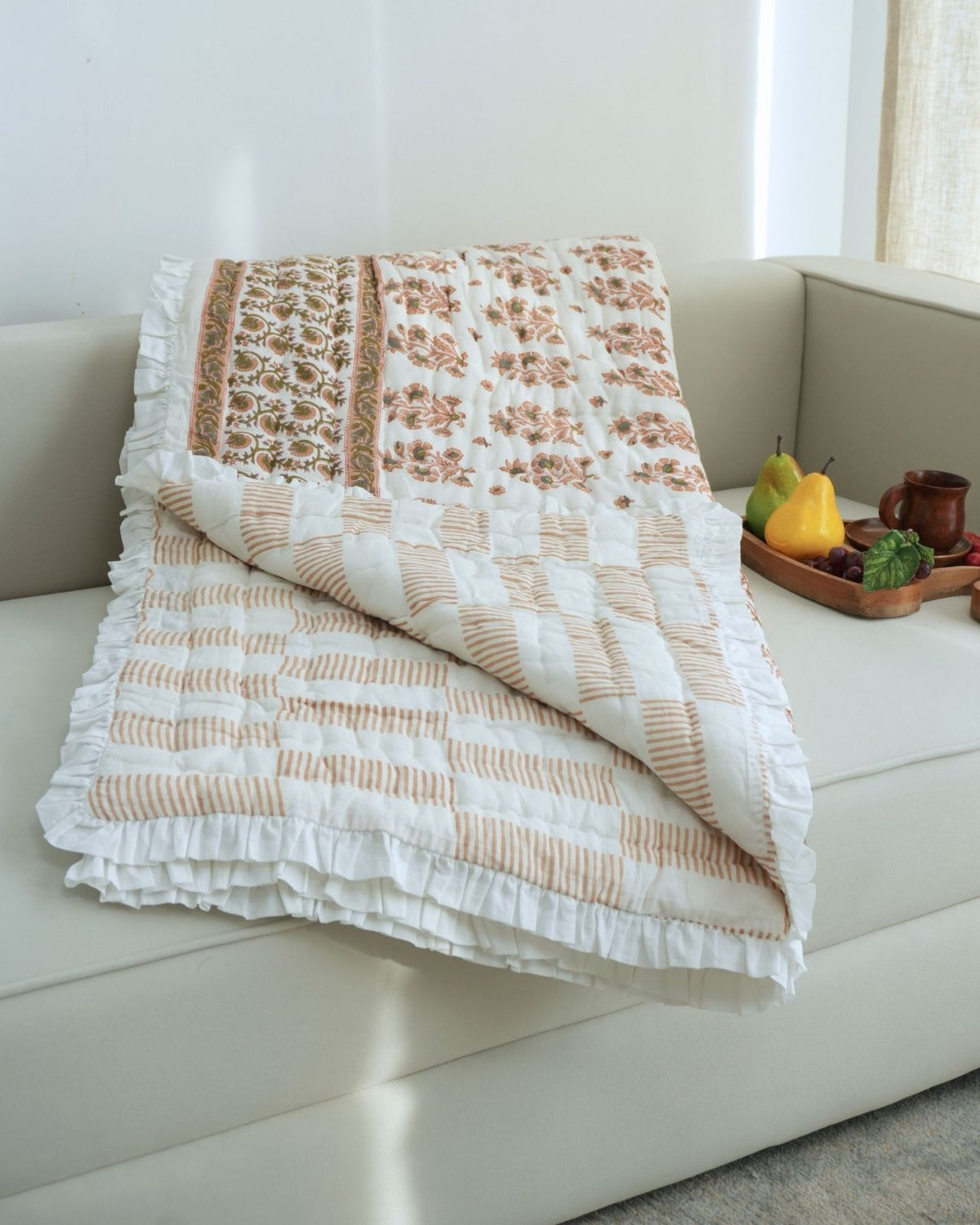 Peach Floral Block Print Border Sadabahar Bed Cotton Quilt