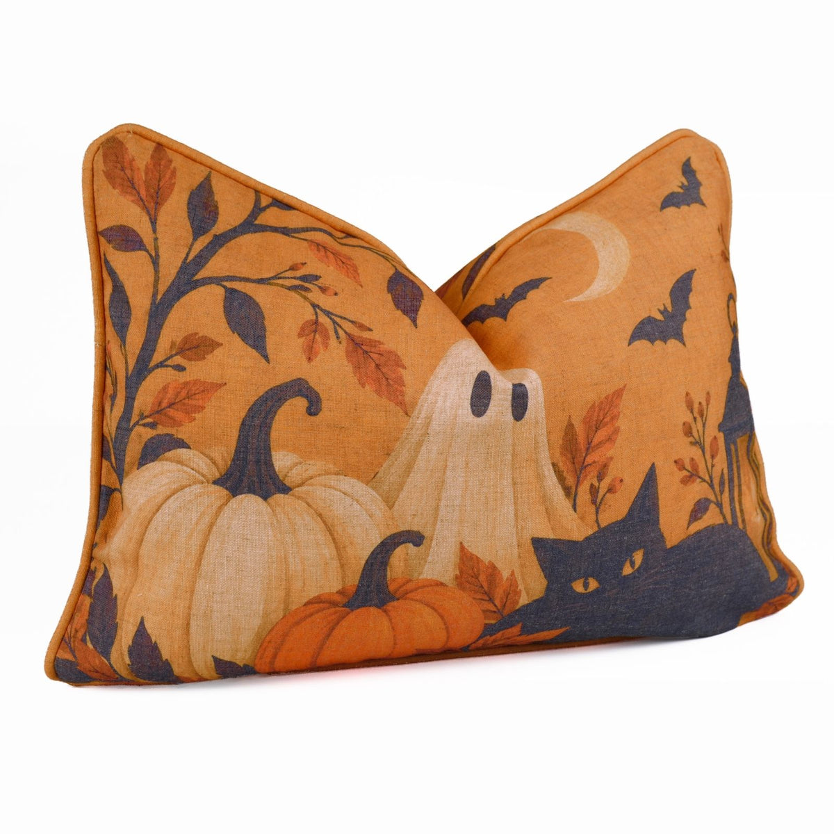 Haunted Cat Printed Orange Linen Piping Lumbar Pillow Cover