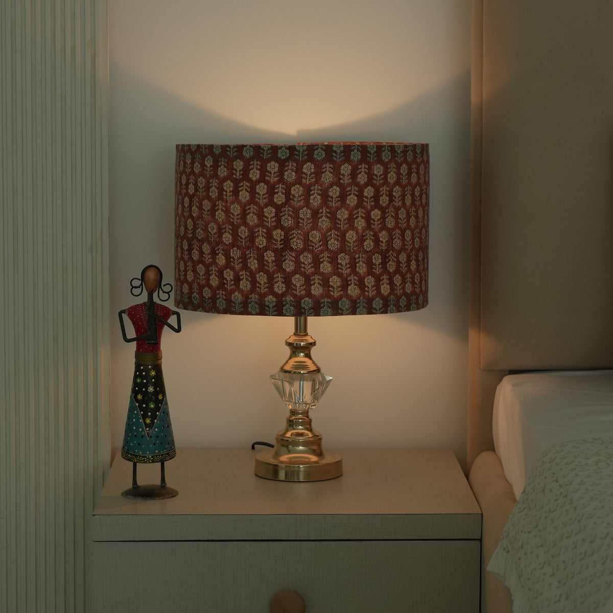 Block Print Drum Lampshade on Heavy Linen - Rust Tulsi Buti