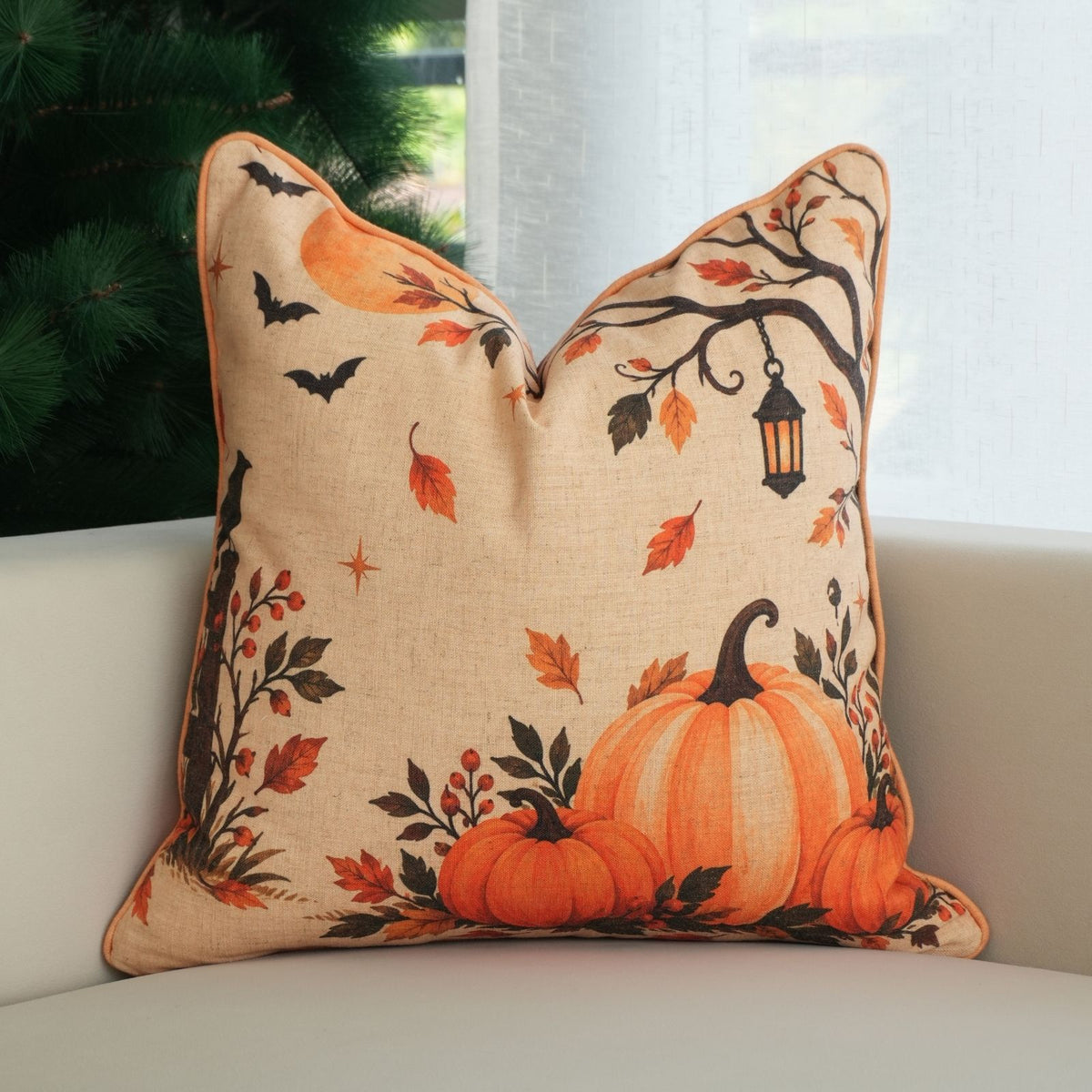 Halloween Pumpkin Viscose Linen Decor Piping Pillow Cover - Kadu