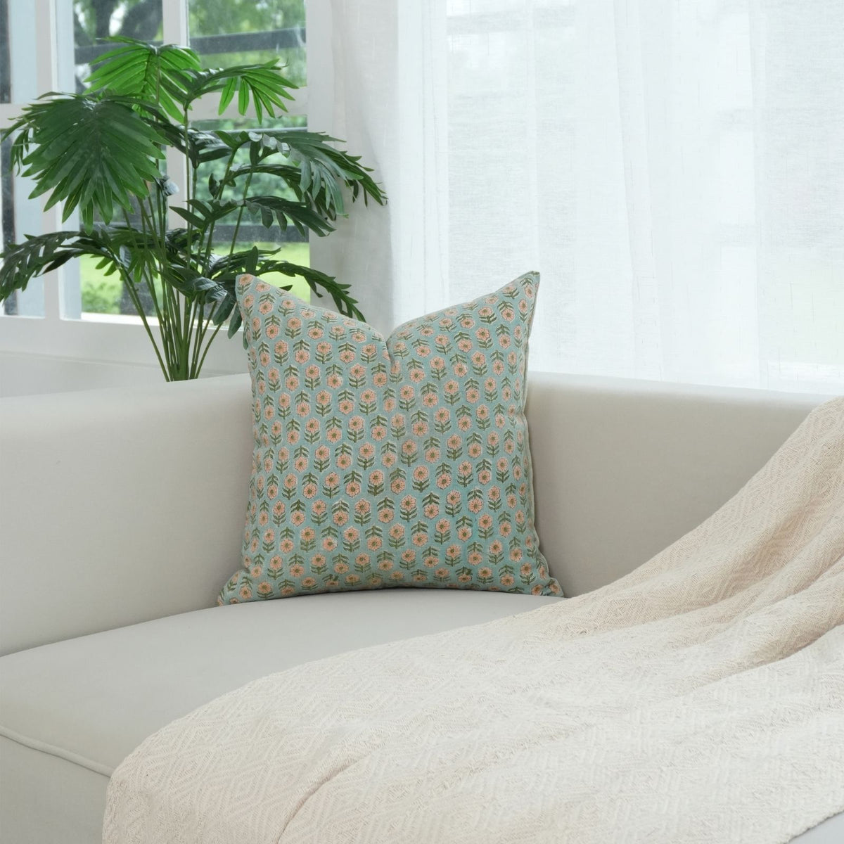 Tulsi Buti Block Print Sage Green Floral Linen Cushion Cover
