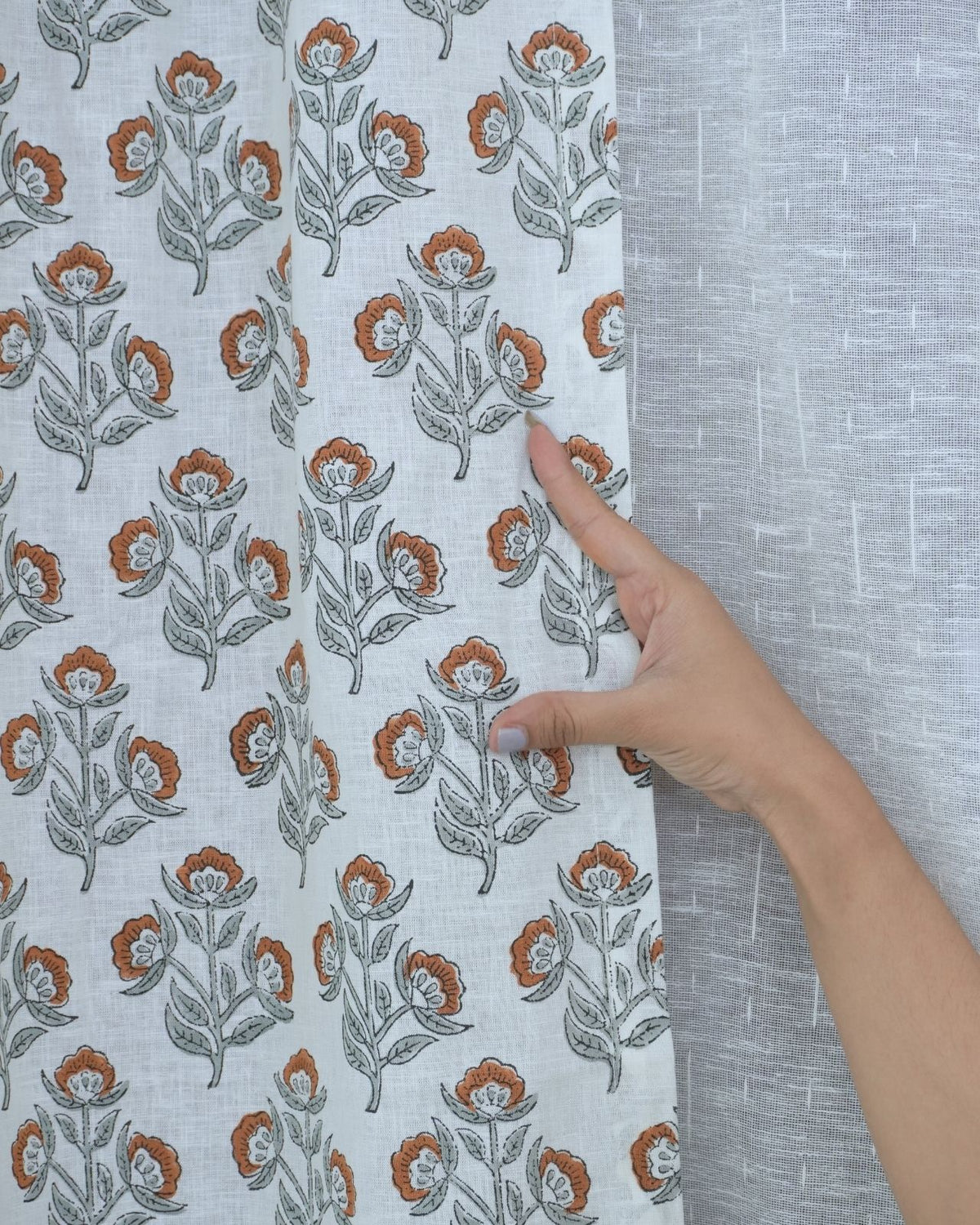 Block Print Rust Floral Viscose Linen Curtain - Bael Patra