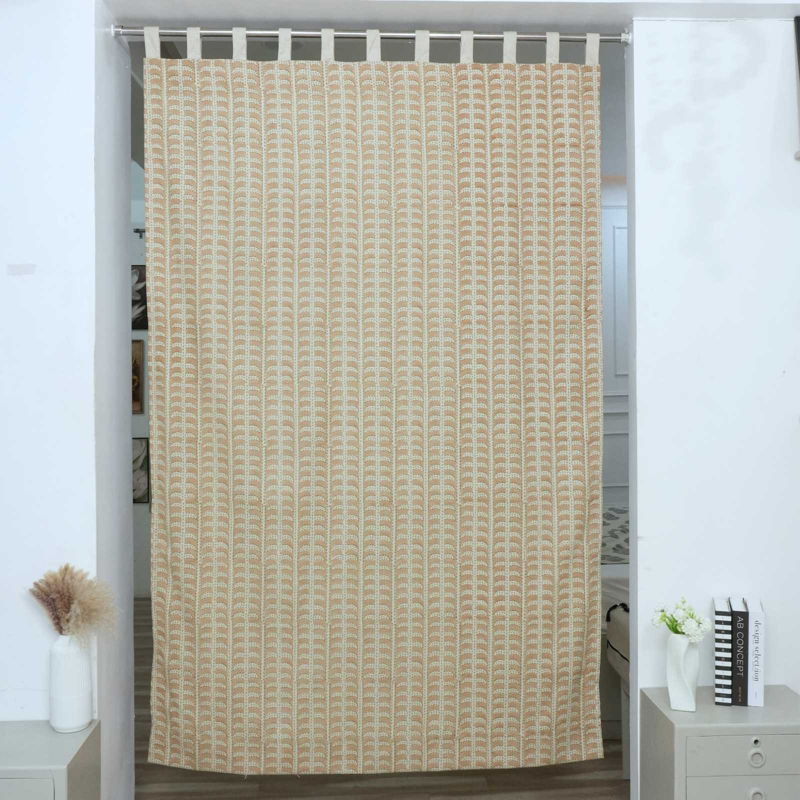 Garud Hand Block Print Tab Top Curtains | Peach Stripe Linen