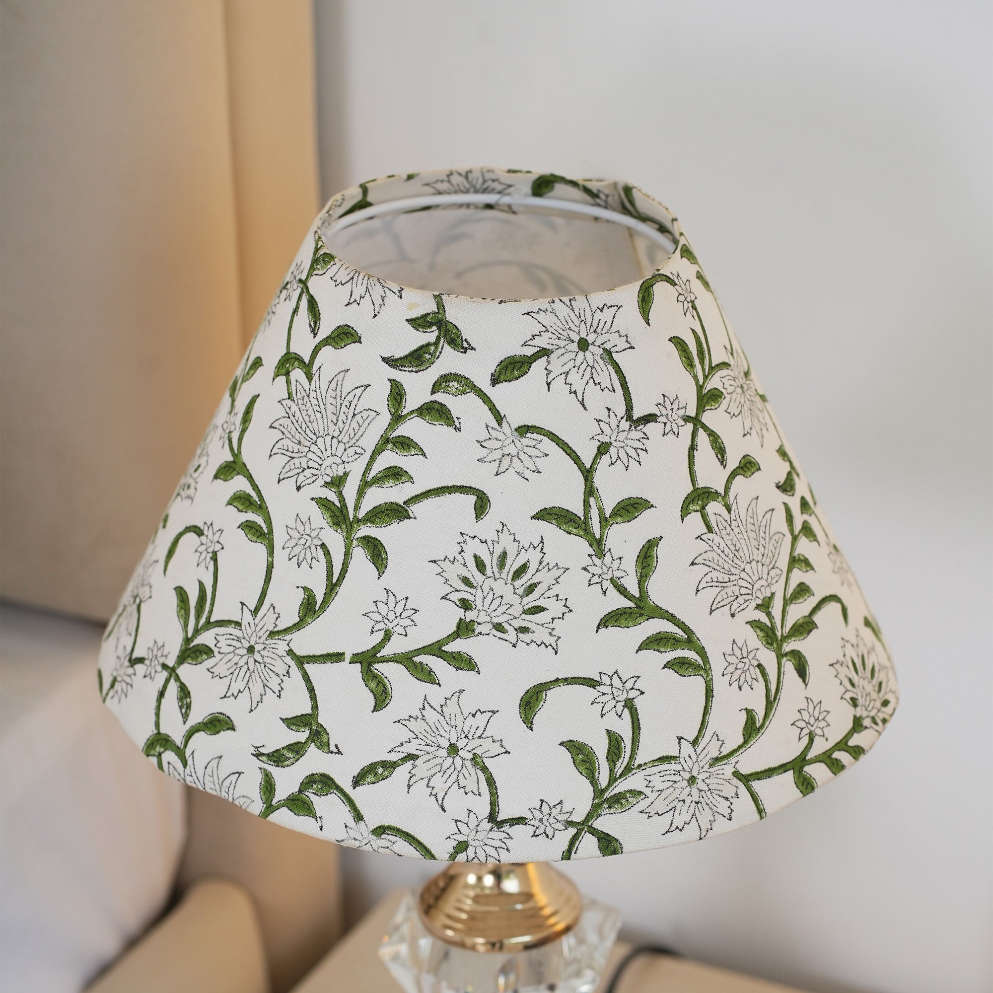 Hand Block Print Thick Cotton White Lampshade - Green Aradhana