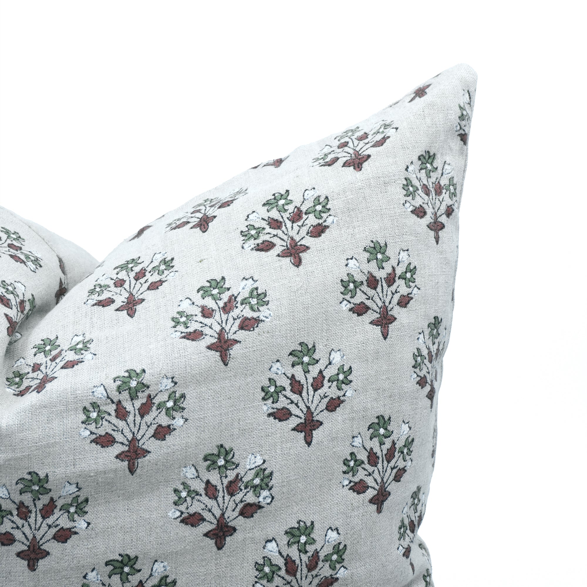 Hand Block Print Linen Cushion Cover Green &amp; Brown Diwali Flower