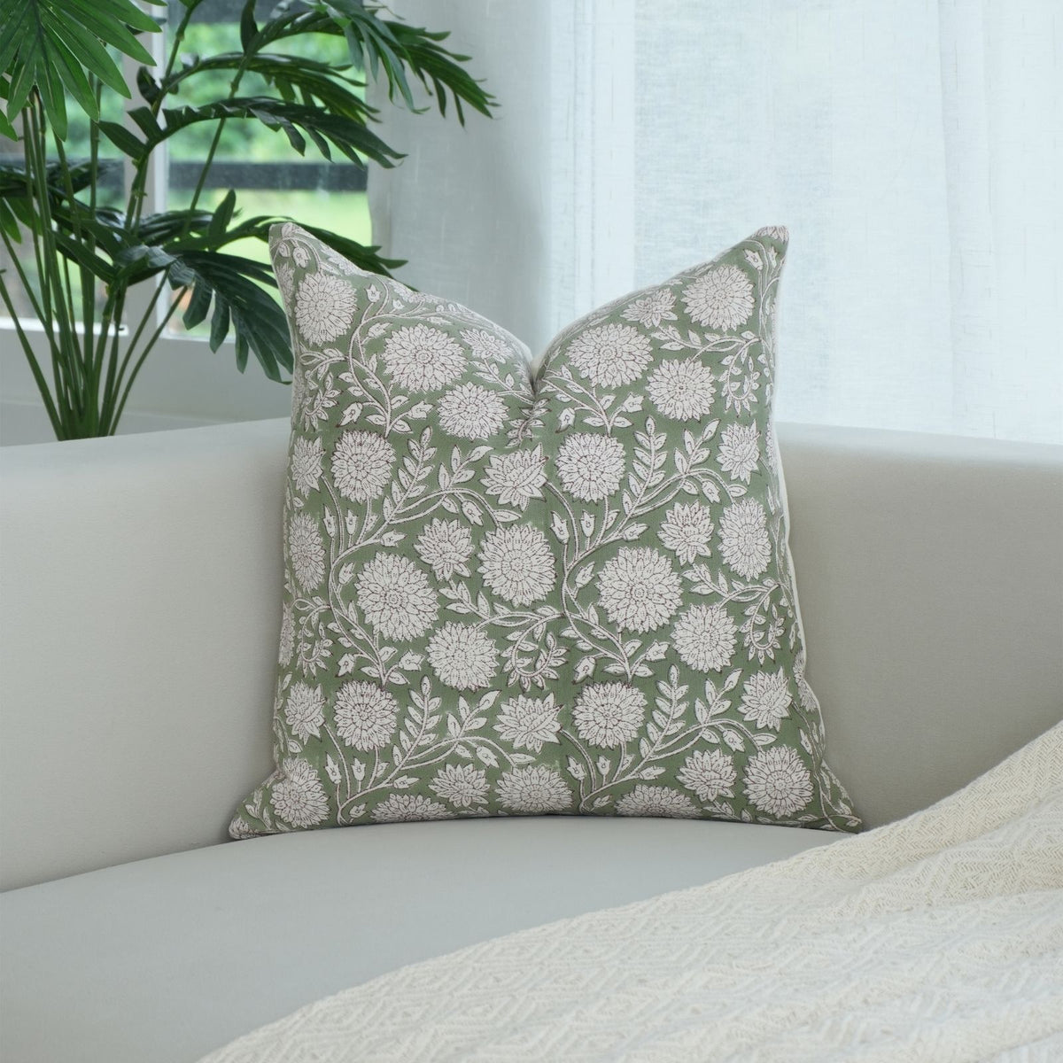 Indian Sage Floral Thick Cotton White Cushion Cover - Rajat
