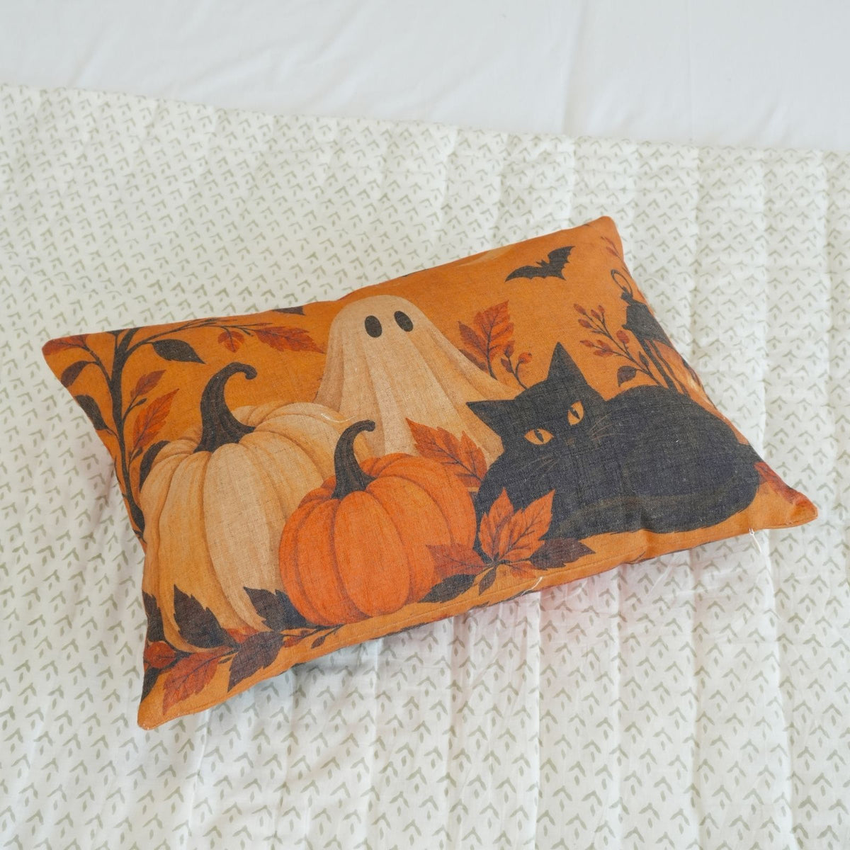 Haunted Cat Printed Orange Linen Lumbar Pillow Cover