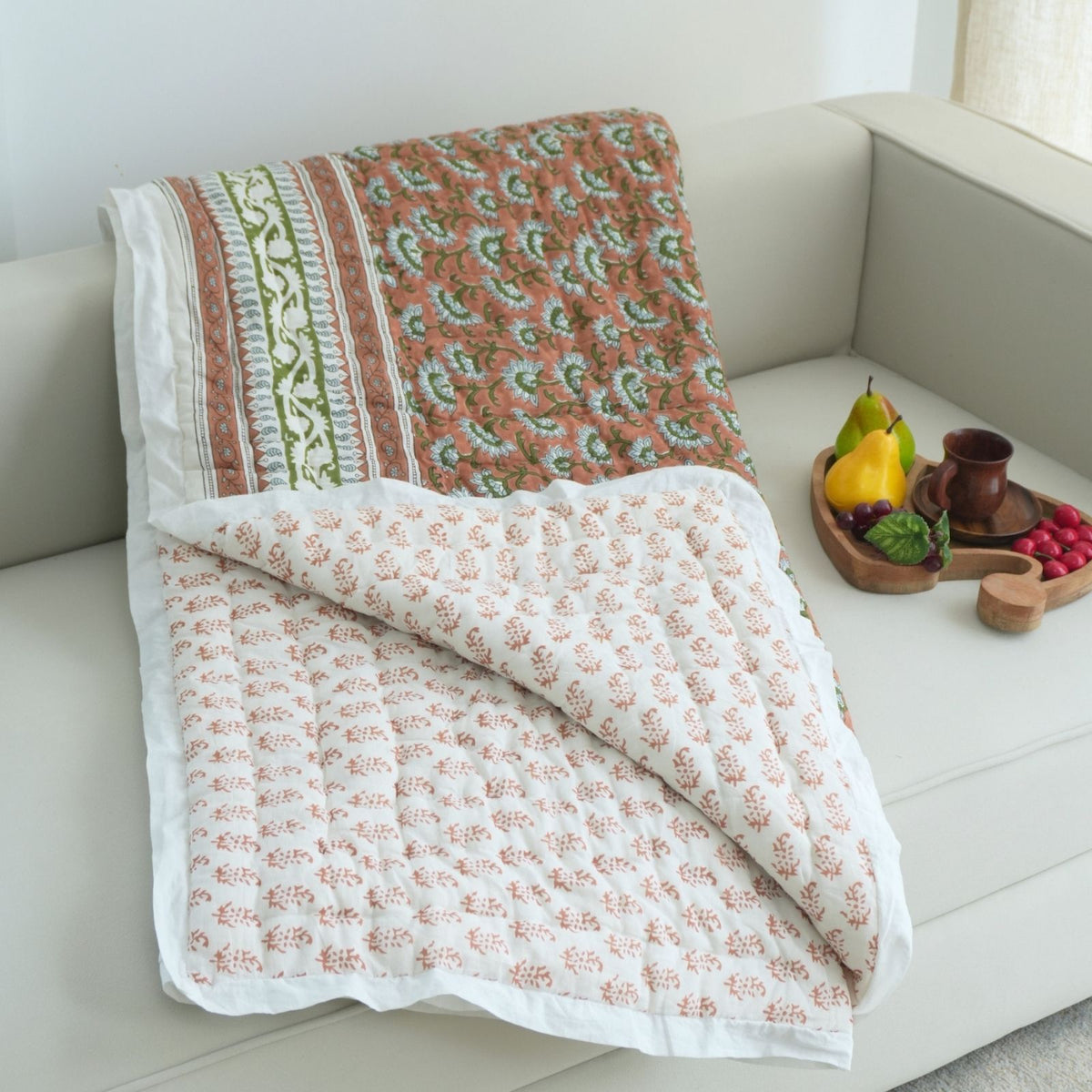 Block Print Floral Border Decorative Cotton Quilt - Rajanigandha