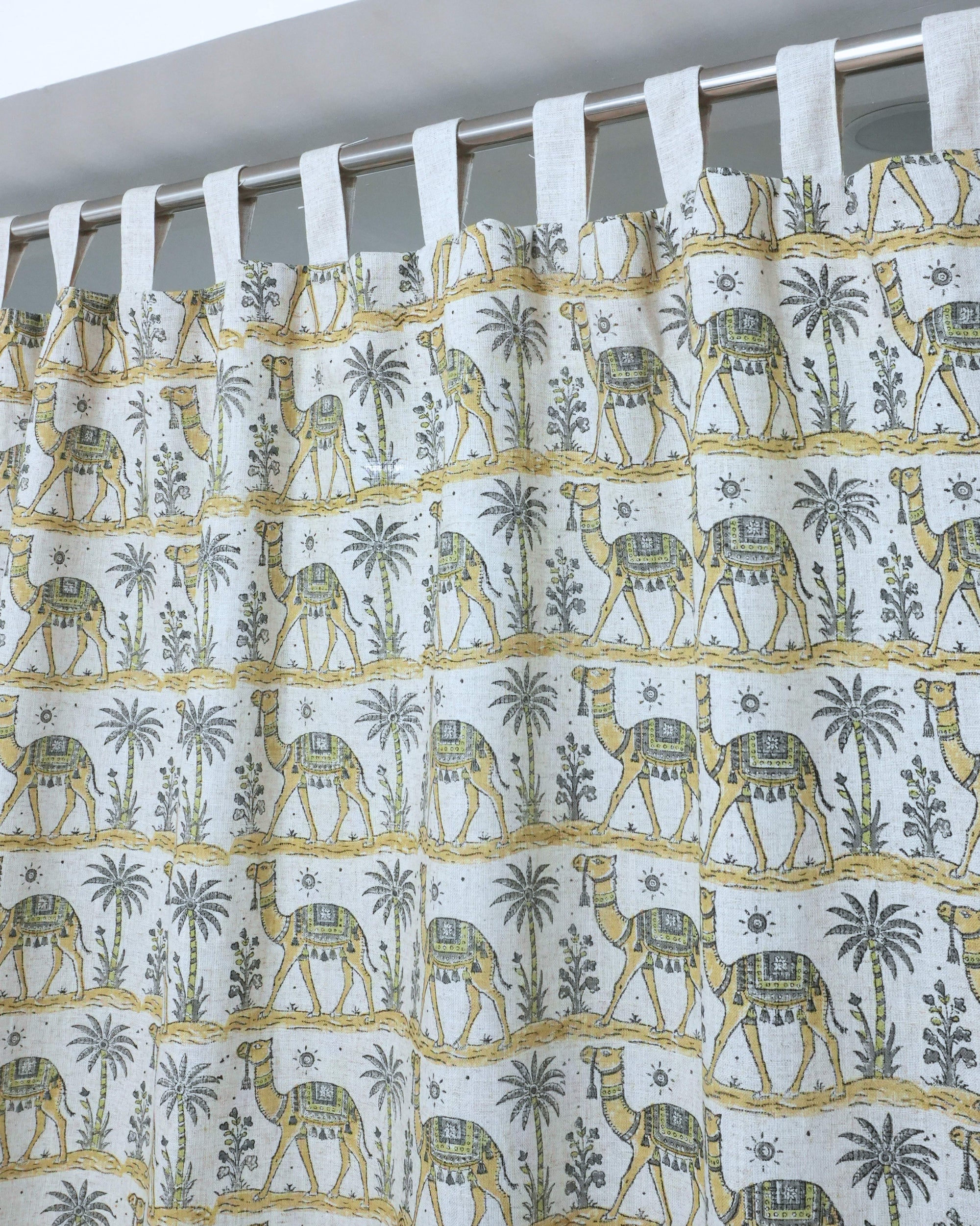 Camel Hand Block Print Tab Top Curtains — Gray &amp; Yellow Viscose Linen