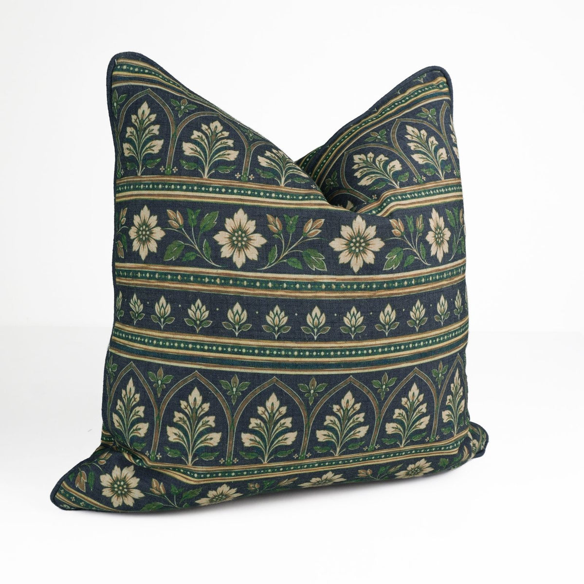 Floral Printed Piping Deep Navy Viscose Linen Cushion Cover
