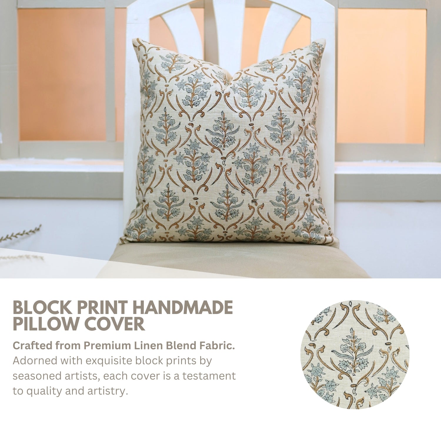 Designer Floral HandBlock Printed Linen Cushion Wrap/Cases - Vishal Pushpa