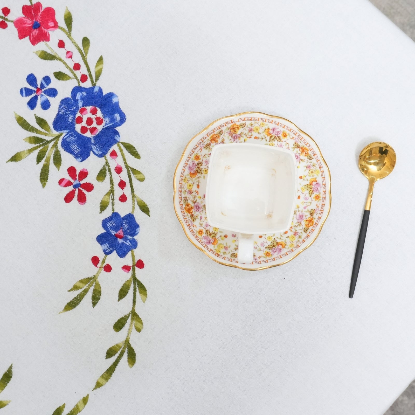 Red Floral Embroidered Cotton Tablecloth | Farmhouse Decor