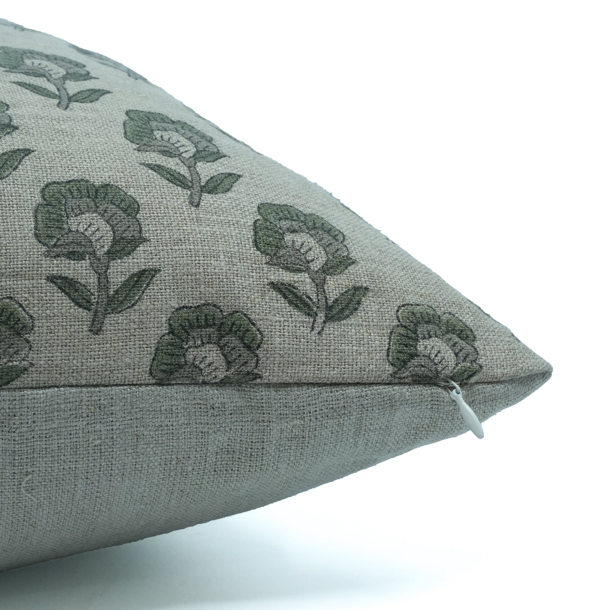 Rohini Gray Floral Block Print Thick Linen Pillow Cover 