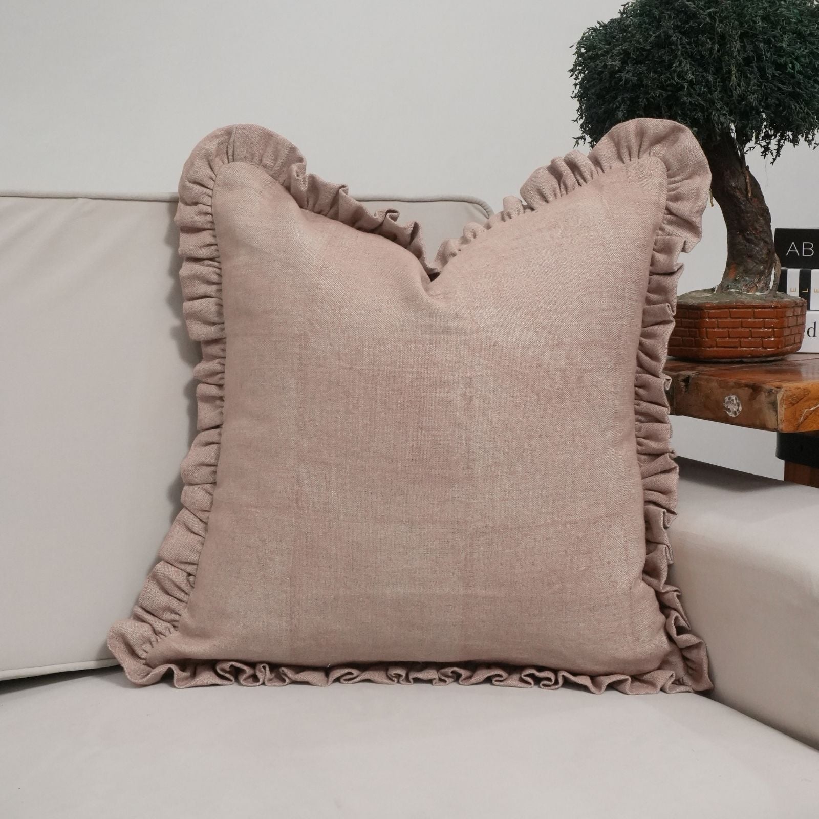 Solid Brown Frill Indoor Cushion Cover | Thick Linen