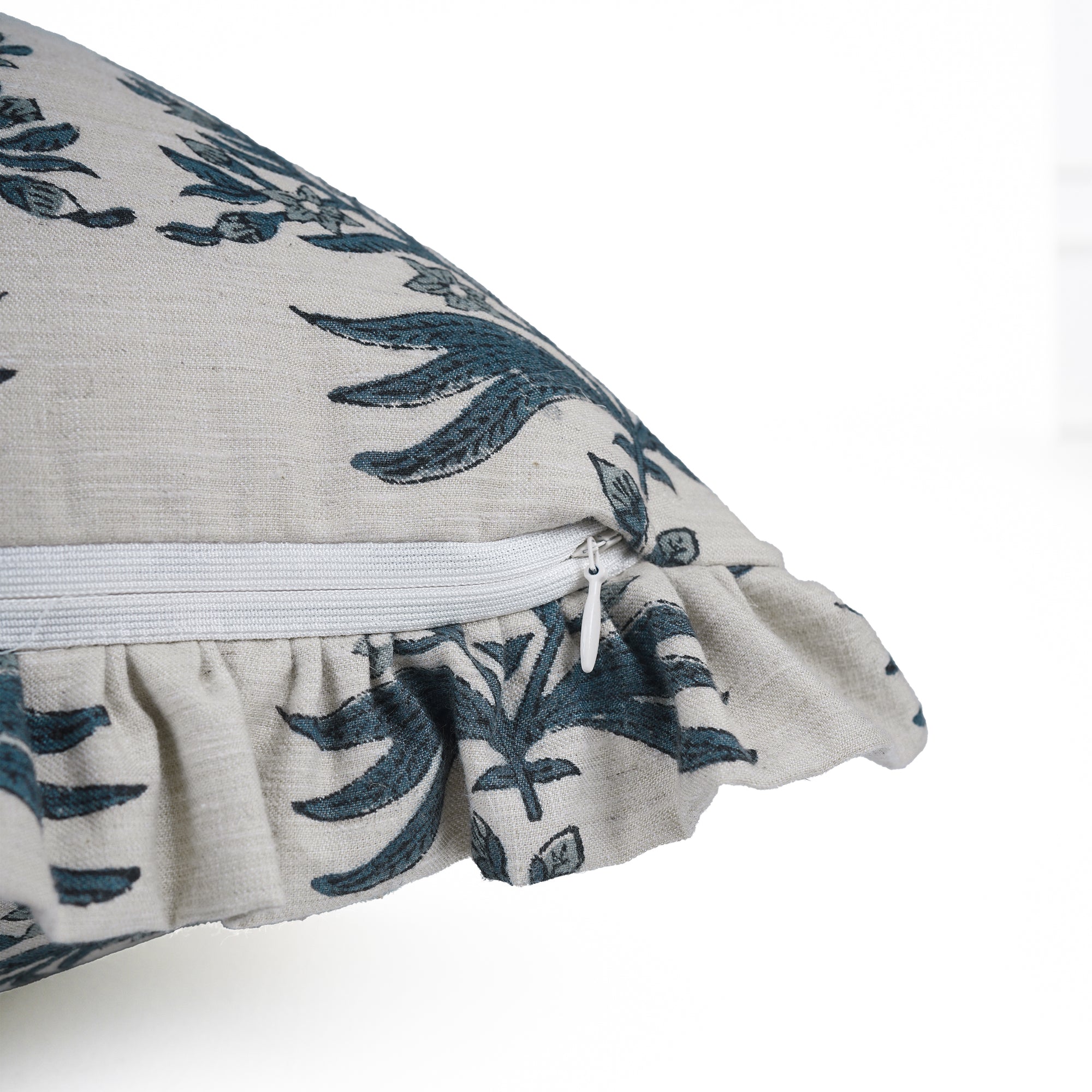 Vrindavan Block Print Frill Pillow Cover on Linen Blend