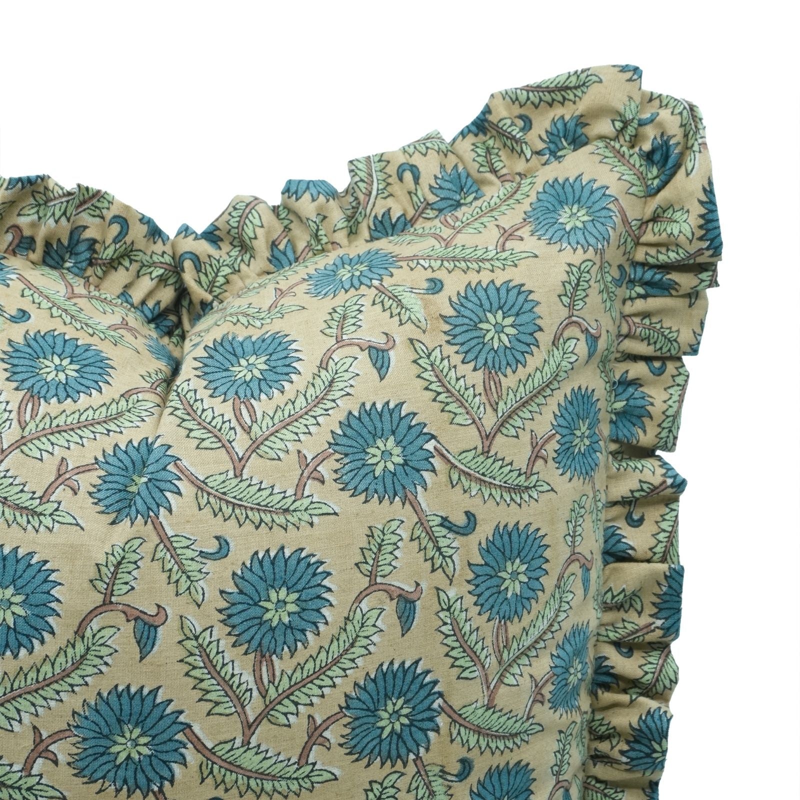 Block Print Frill Linen Blend Indoor Sofa Pillow Cover - Swarna