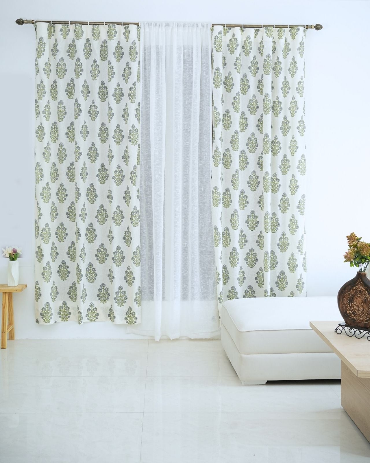 Indian Block Print Ring Curtain in Green &amp; Grey Floral - Morpankh