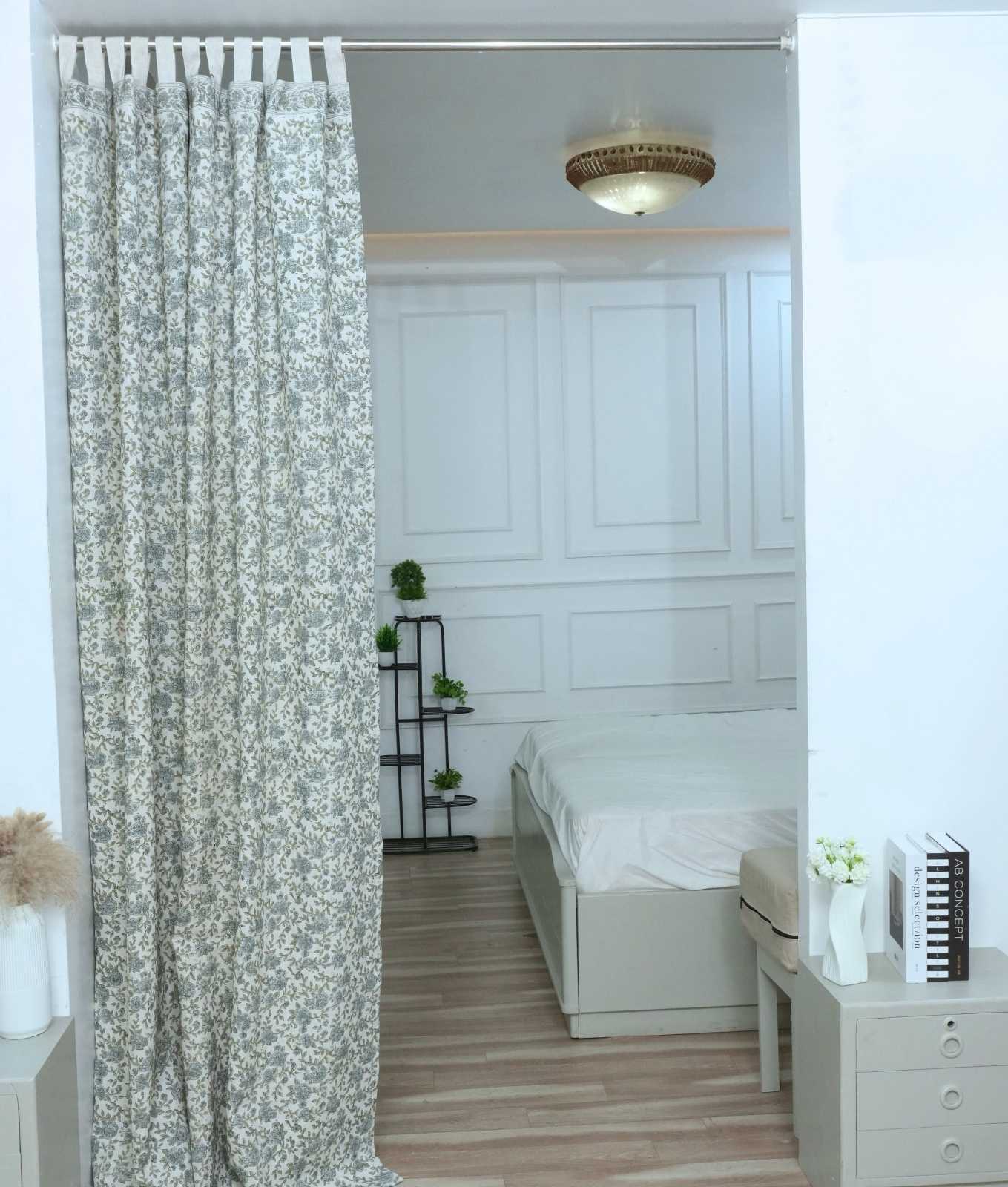 Block Print Gray Floral Heavy Viscose Linen Drapes Curtains - Suman