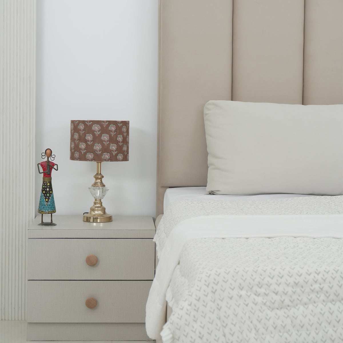 Brown Floral Wooden Block Print Linen Lampshade - Rohini