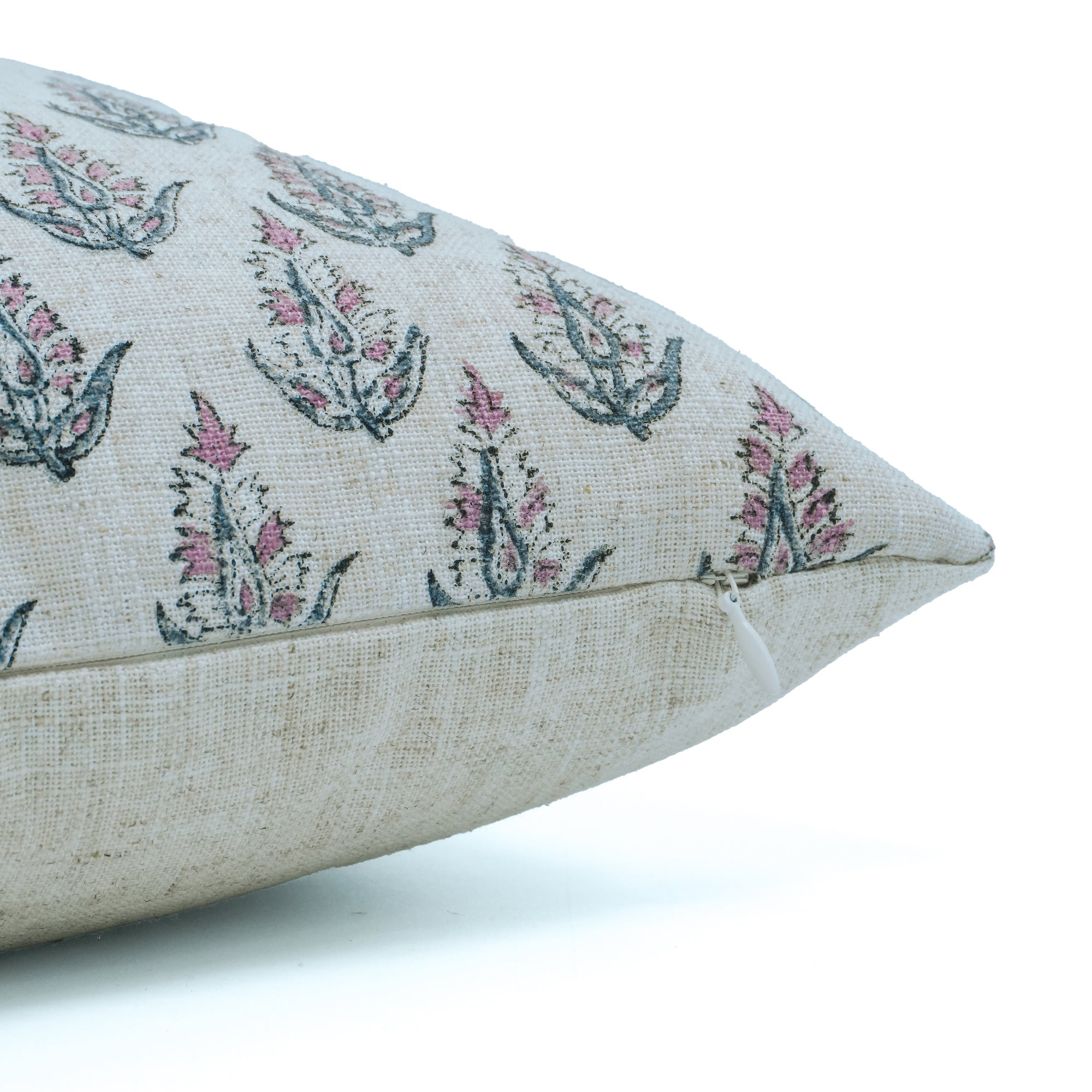 Hand Print Viscose Linen Pink Floral Cushion - Kanak Buti