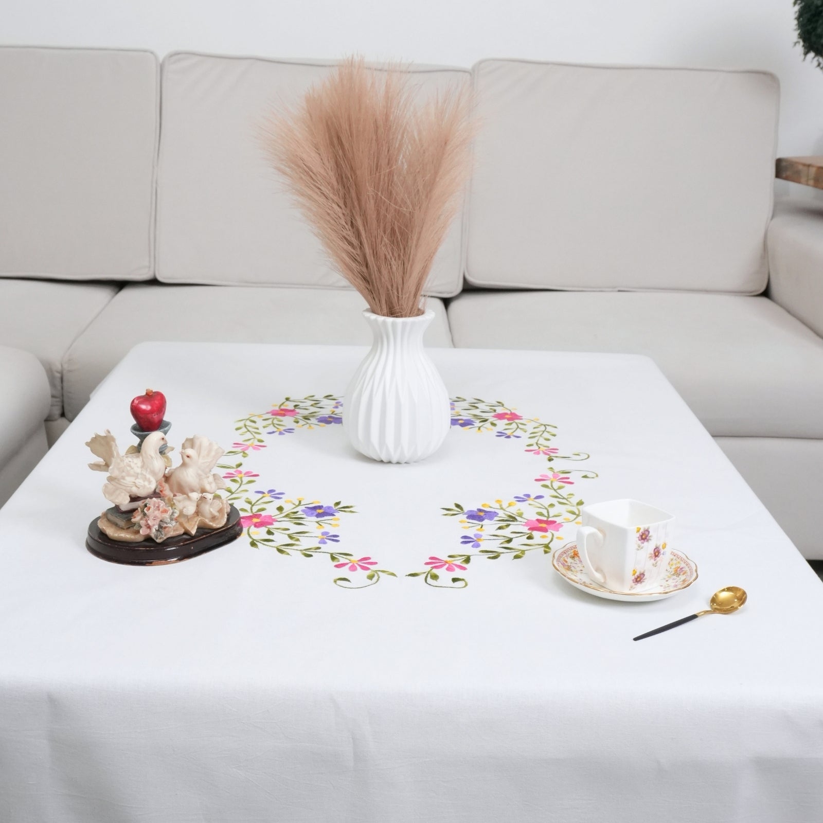 Pink Green Floral Boho Embroidered Pure Cotton Table Cover | Decor