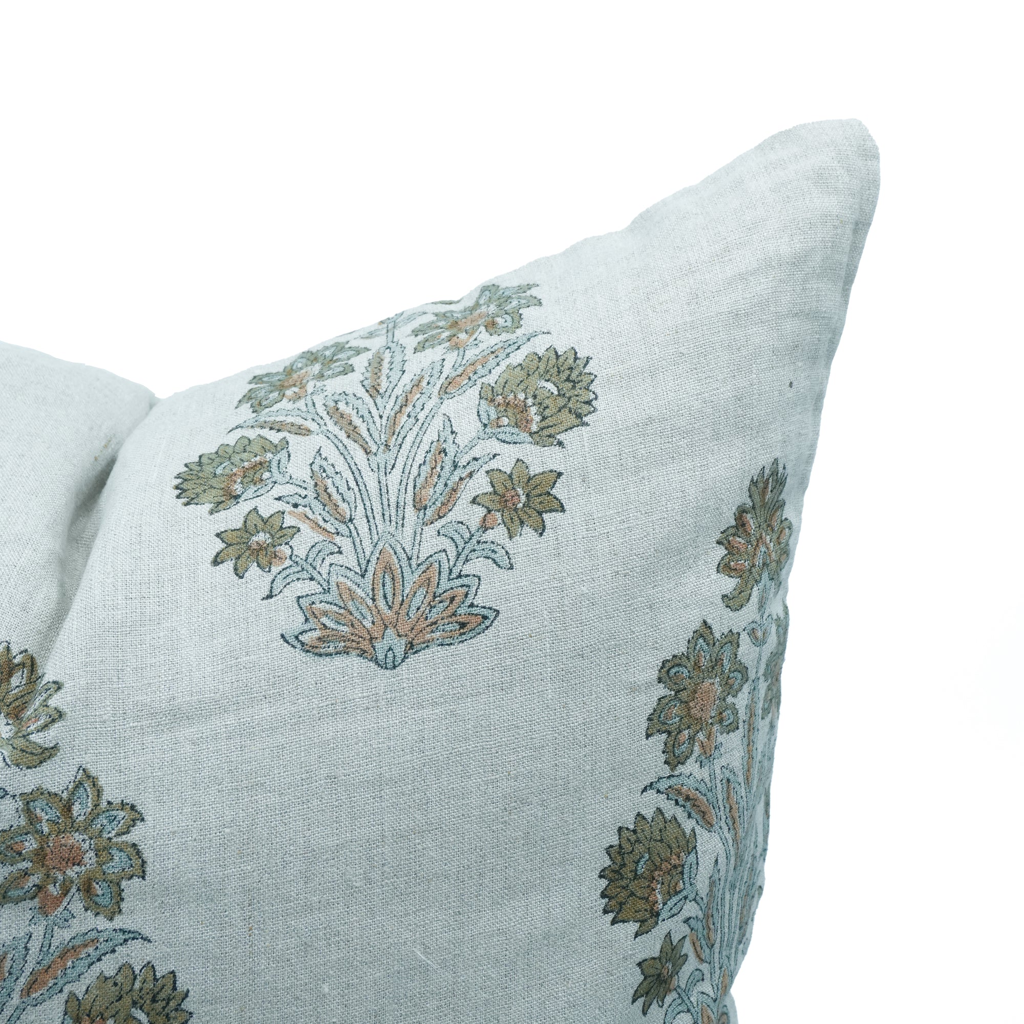 Morpankh Block Print Pure Linen Cushion Cover Green Floral 