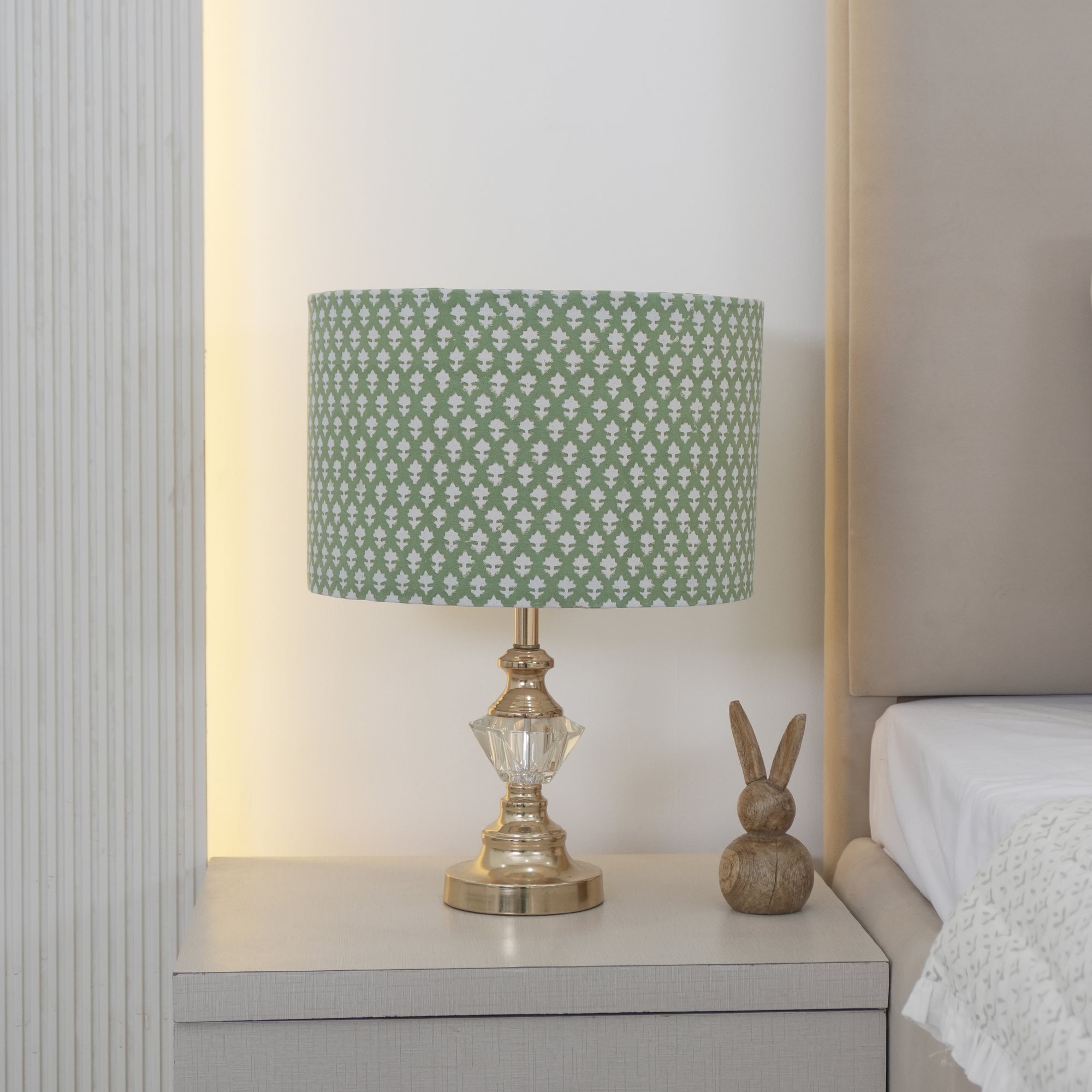 Indian Block Print Pure Linen Drum Lampshade - Pinkcity Green