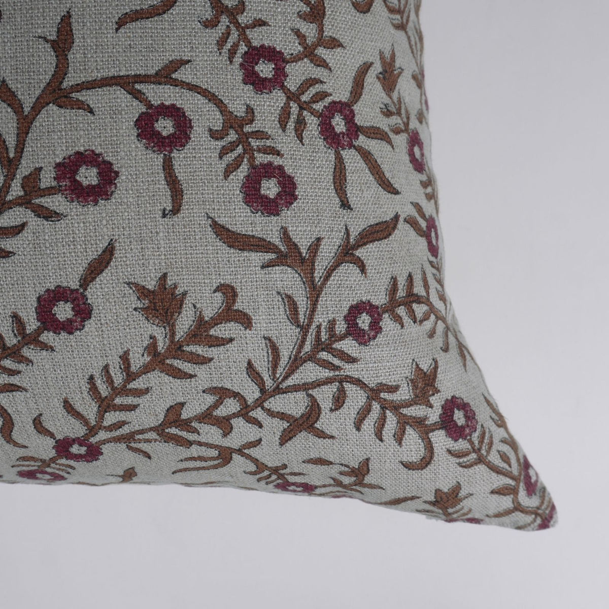 Block Print Pink Floral Linen Boho Cushion Cover - Shehjan