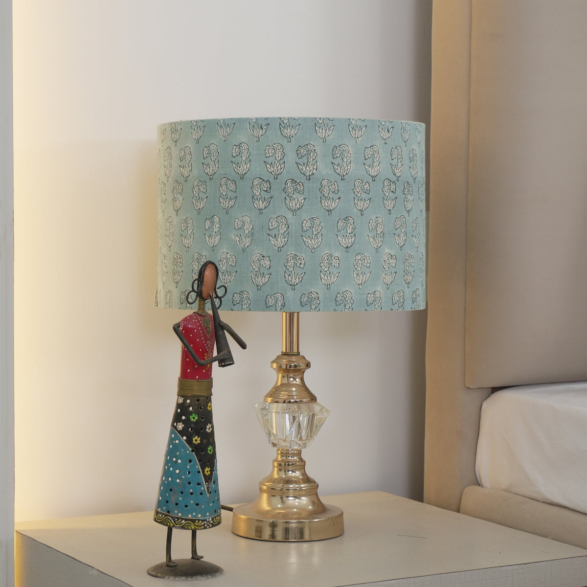 Indian Hand Printed Sage Green Floral Linen Lampshade - Superstar