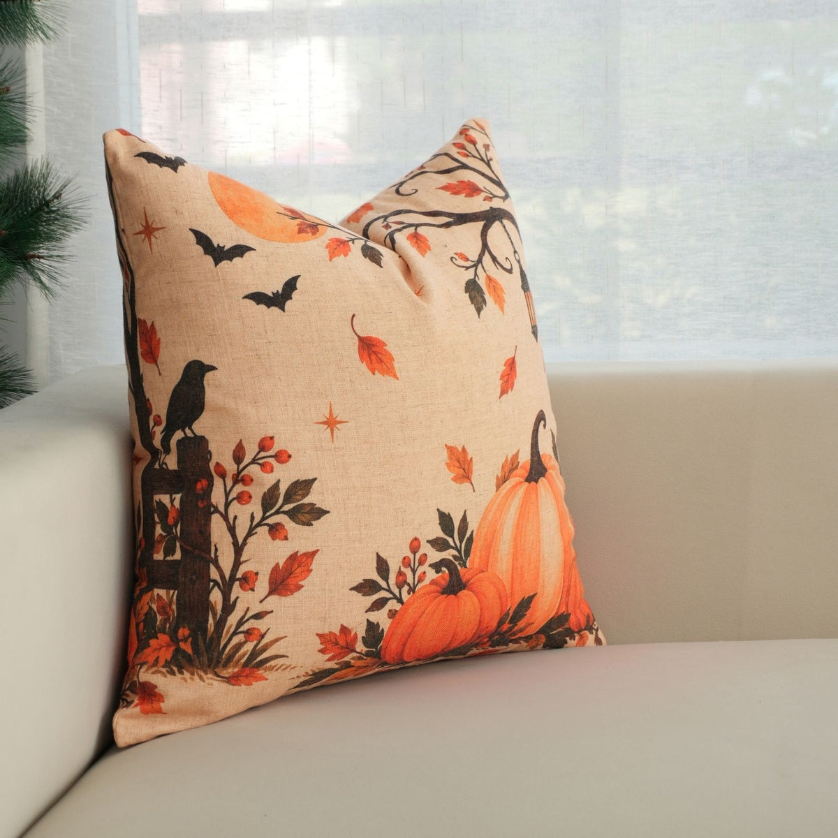 Halloween Pumpkin Print Viscose Linen Pillow Cover - Kadu