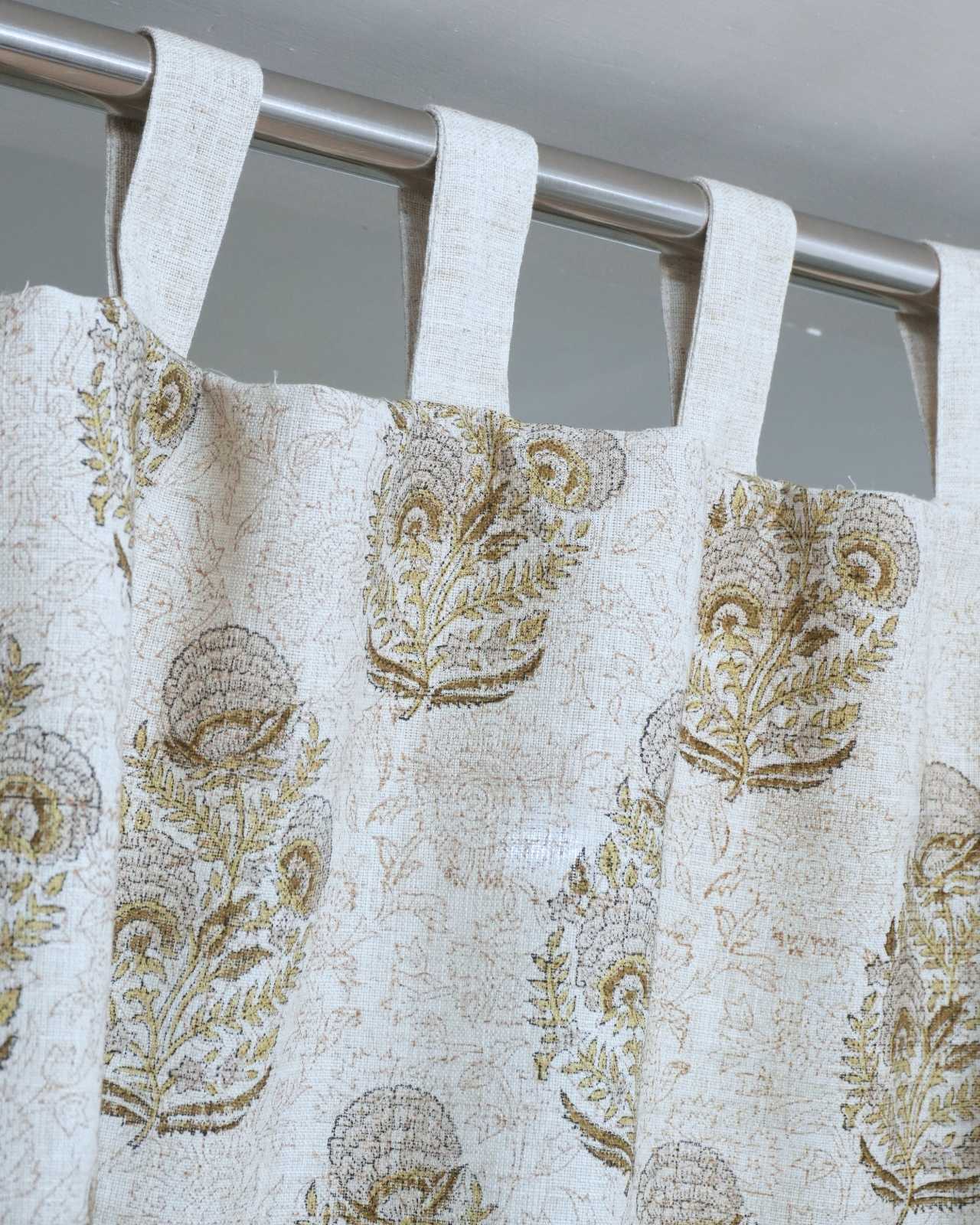 Wooden Block Gray Floral Linen Bedroom Drapery - Mohini
