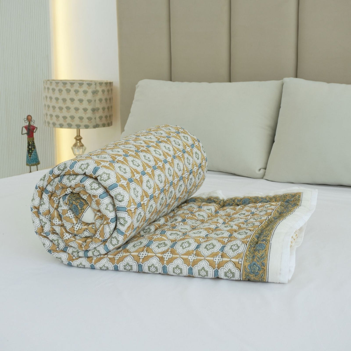 Jaipur Artisan Made Mustard Jarokha Cotton Reversible Quilt
