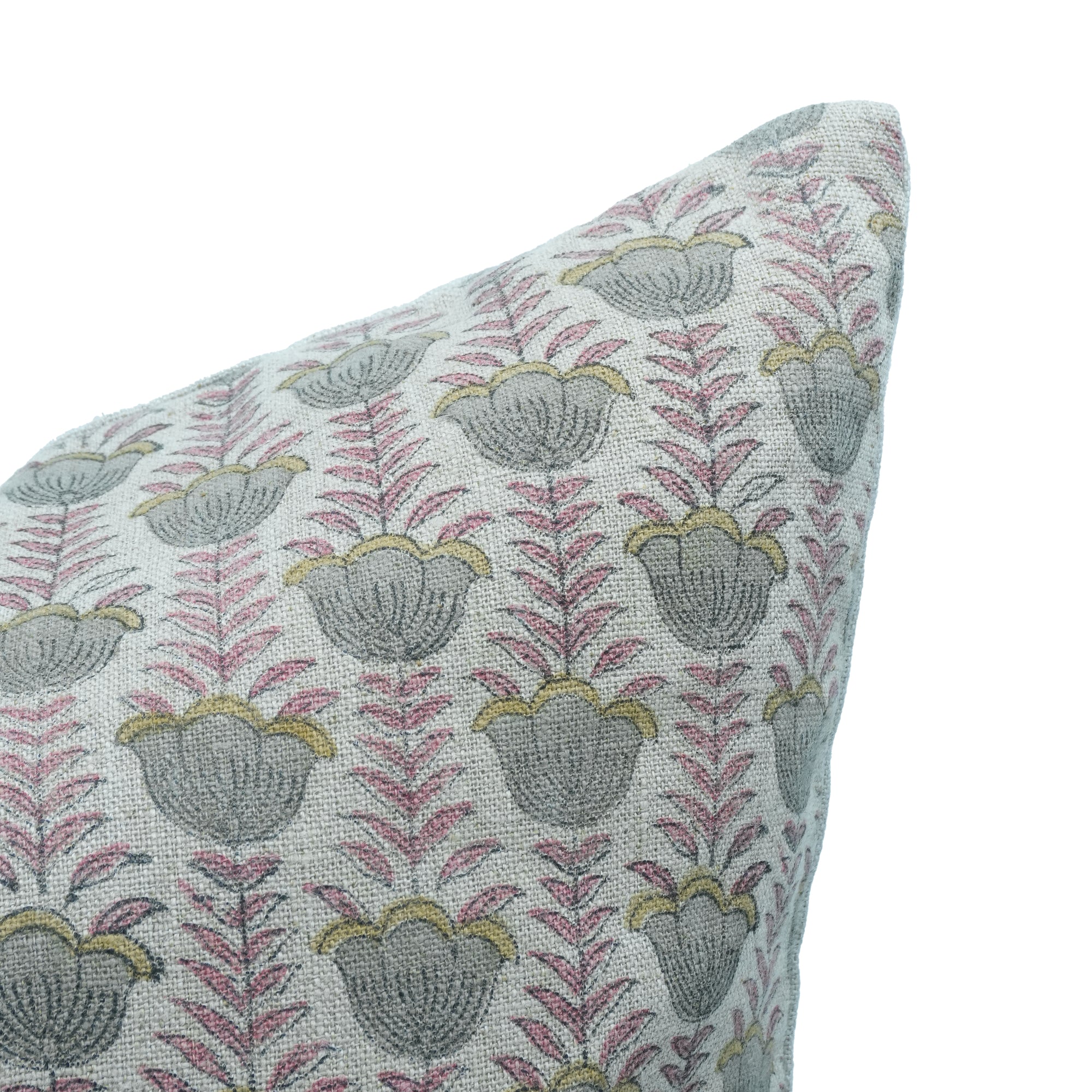 Lotus Handcrafted Thick Linen Cushion Cover Pink and Gray Floral